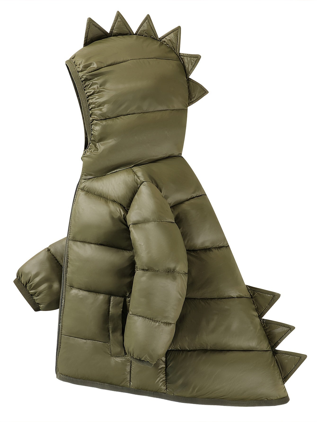 Children's Autumn and Winter Warm Padded Coat with Dinosaur Design, Windproof Thickened Jacket, Solid Color Cute Bread Style Casual Sporty Comfortable Mid-Length Basic Cartoon Outerwear for Boys