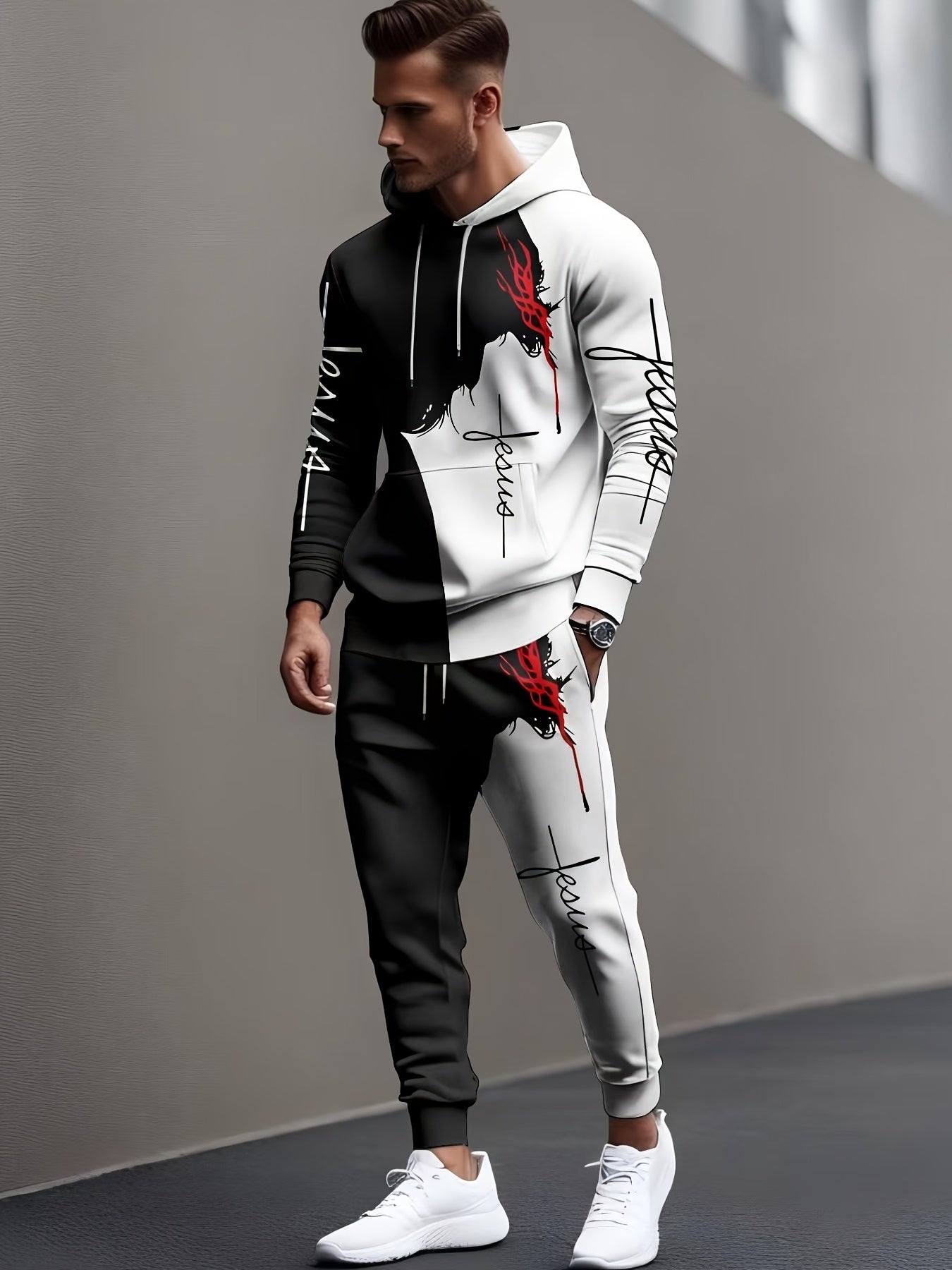 Men's 3D Printed Casual Sportswear Set - Long Sleeve Hoodie & Joggers, Machine Washable, Polyester Blend for Fitness & Training, Hoodie And Jogger Set, Black And White Print
