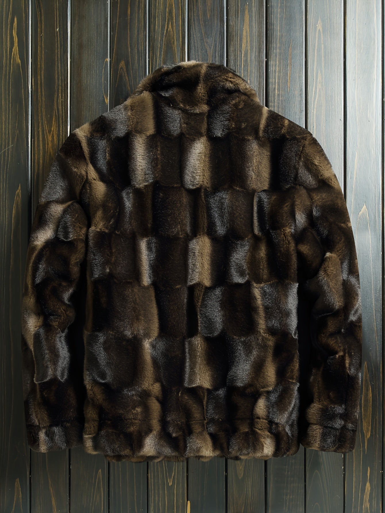 Men'S Faux Fur Plaid Long Sleeve Stand Collar Zipper Closure Polyester Lining Daily Casual Wear Outerwear Jacket for Fall/Winter