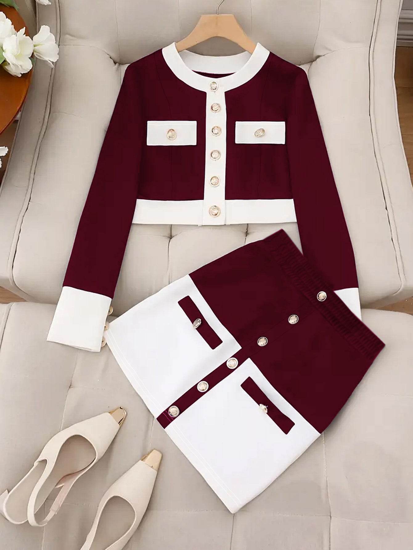 Spring/Summer Sexy Elegant Navy Style -Inspired Metal Embellished Two-Piece Set