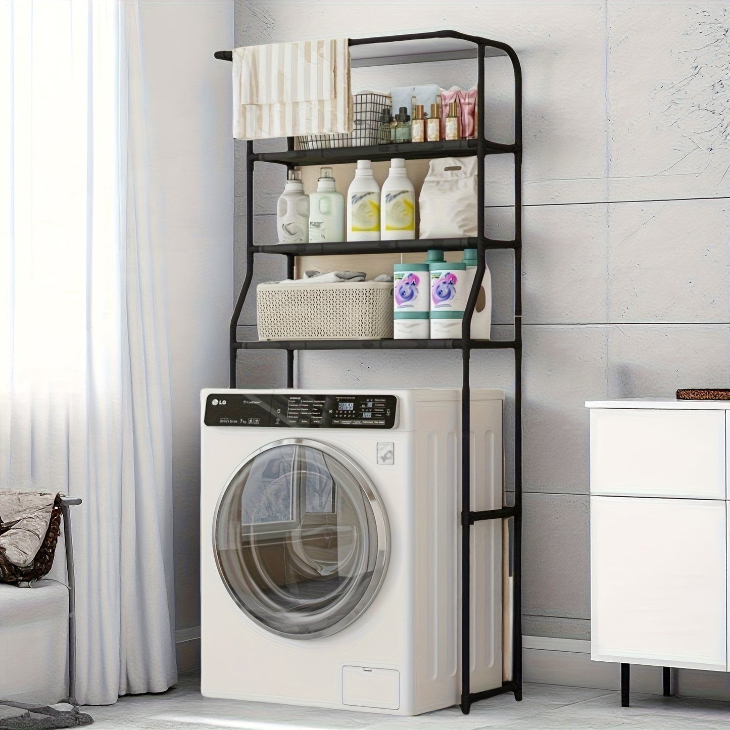 The "Bathroom Giant" Is a No-Drill, Stainless Steel, Three-Tier Upgraded Storage Rack with a Towel Bar, Designed to Accommodate a Washing Machine, a Space-Saving Tool Available in Black And White.