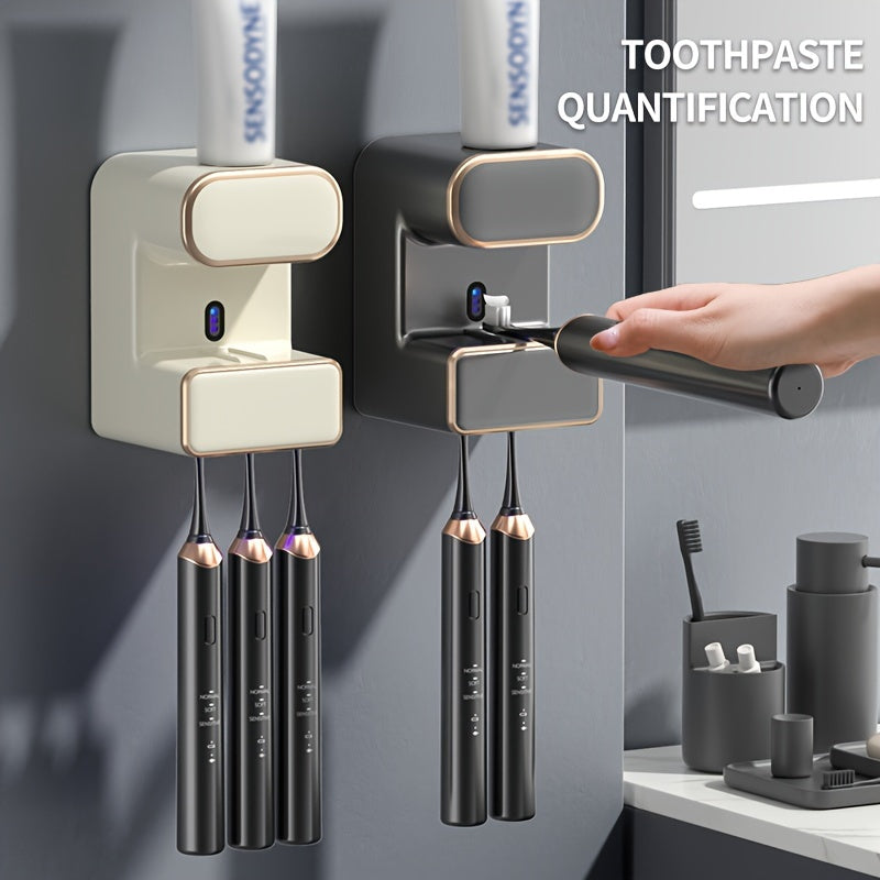 Wall-Mounted Toothbrush Holder with USB Charging, Automatic Toothpaste Dispenser, No-Drill Bathroom Organizer, Plastic Material, Lithium Battery, Ideal for Christmas/Halloween Gift, Toothbrush Holder for Bathroom