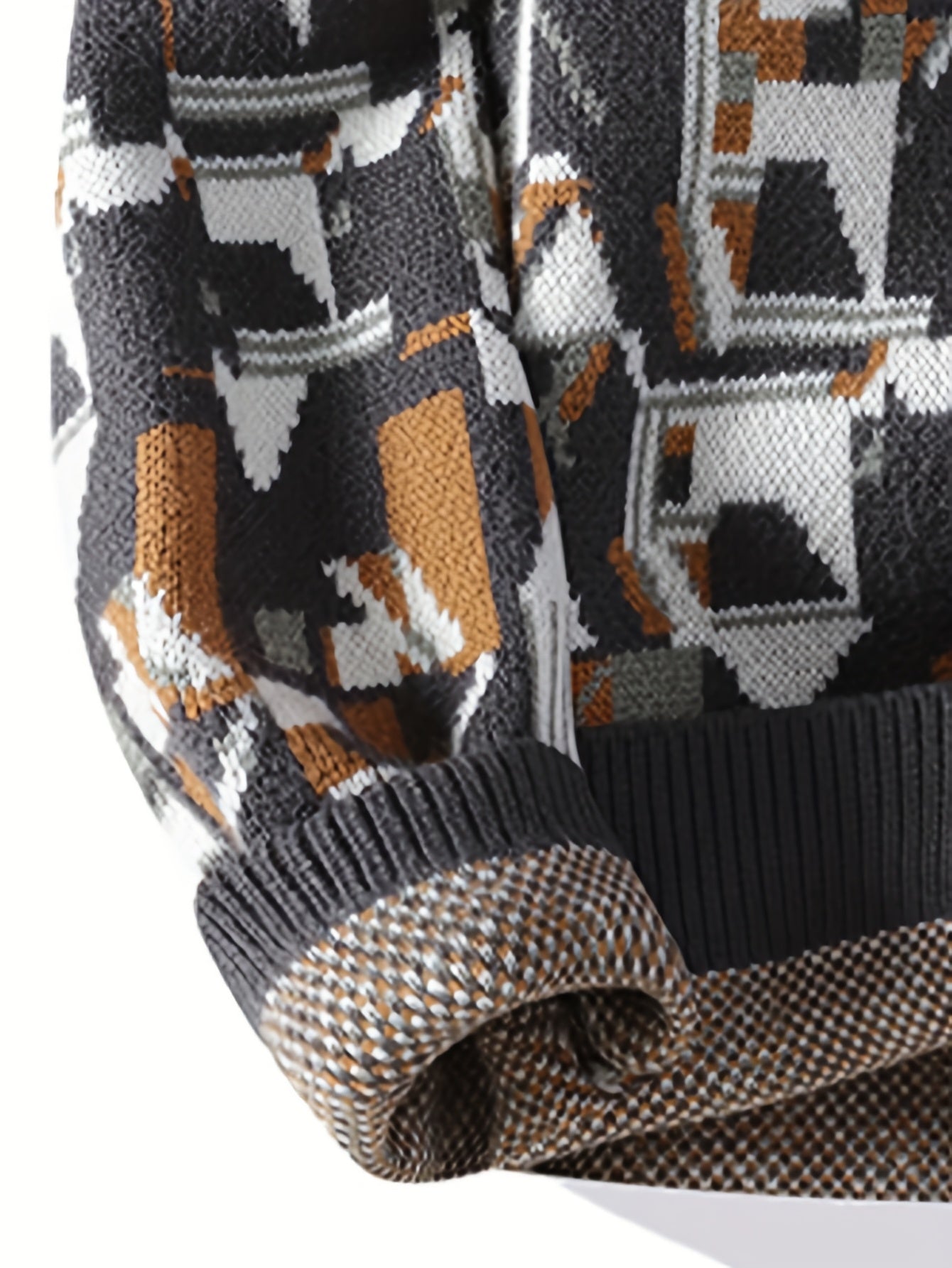 Men'S Cozy Geometric Cable Knit Sweater - Warm Crew Neck Pullover with Brown, White & Black Patterns, Long Sleeves, Perfect for Fall & Winter, Winter Clothing | Cable Knit Sweater | Knit Construction, Sweater Vest
