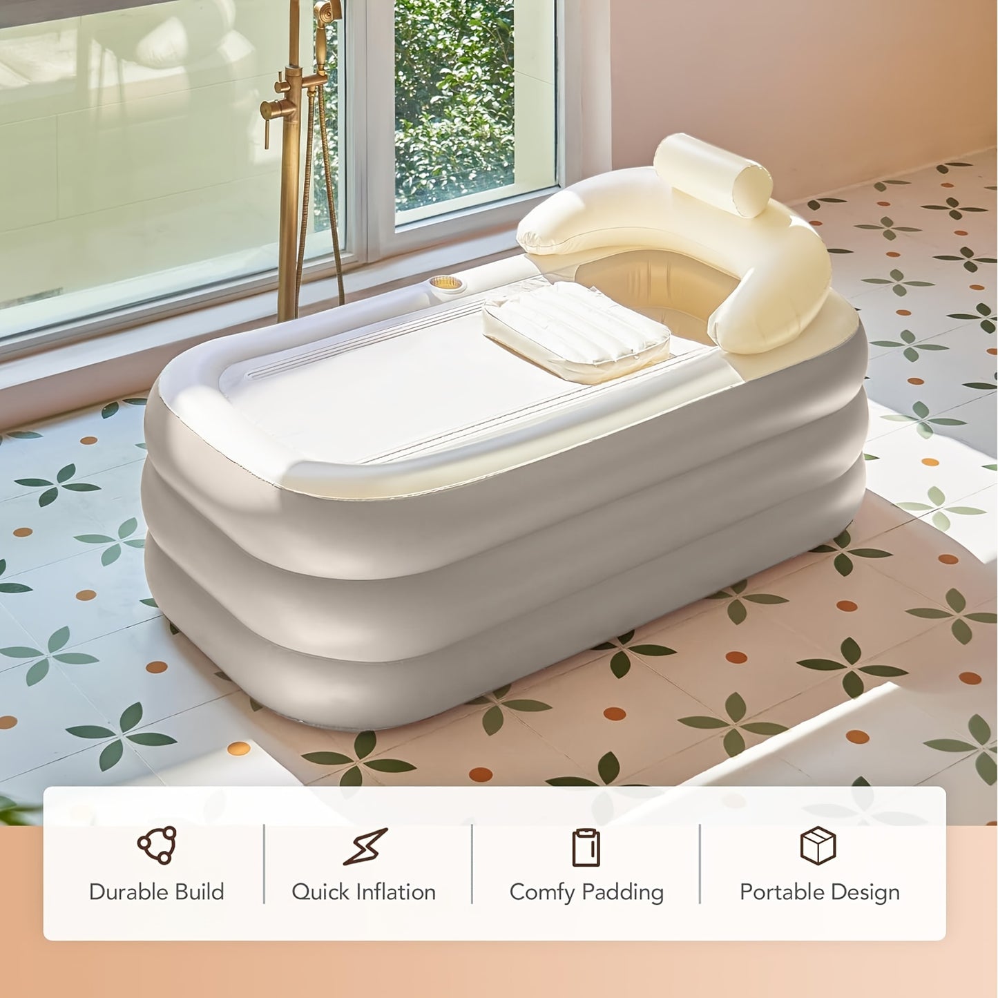 Portable Inflatable Bathtub & Bath Pillow Headrest - Foldable Spa Tub with Cover Drainage, Durable PVC for Adults, Indoor/Outdoor Use, Blue & Brown, Portable Bathtub, Indoor Outdoor Water, Easyclean Material