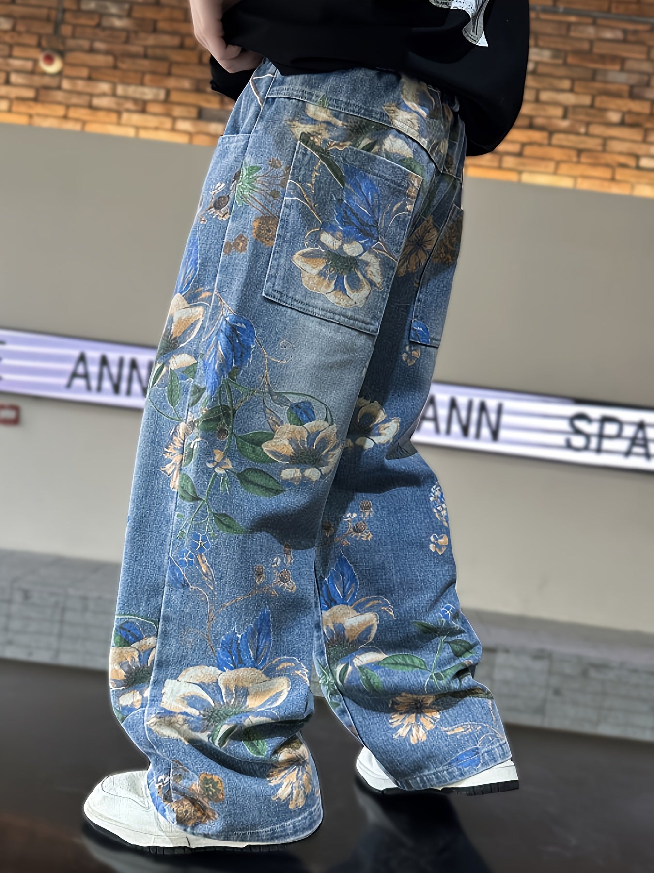 Boys' Y2K Style Straight-Leg Faux Denim with Floral Print - Elastic Waist, Loose Fit, All-Season Casual Pants for School, Outdoor & Cycling, Durable Polyester, Mid-Rise, Perfect for Students & Youngsters, Outdoor Faux Denim | Y2K Fashion | Durable Faux D