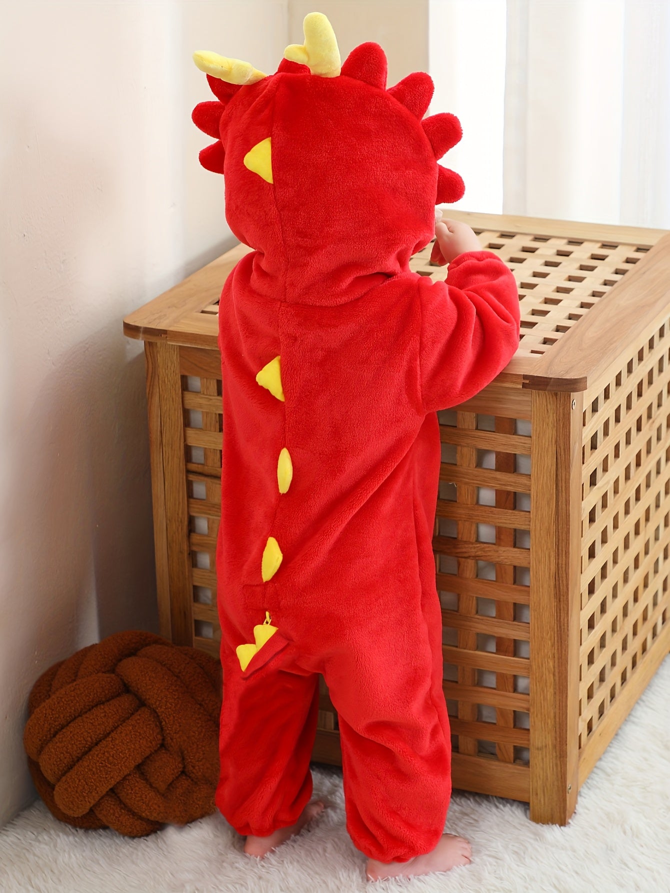 Children's Red Dragon Bodysuit, Halloween Outfit, Autumn/Winter Flannel Hooded Romper, Perfect for Outdoor