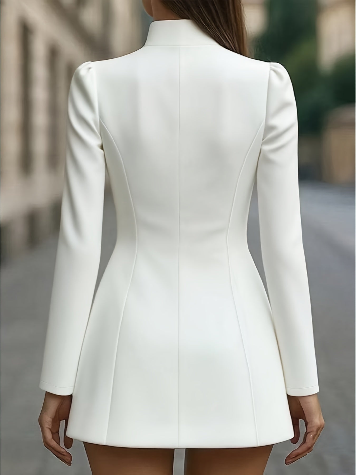 Women's Elegant White A-Line Dress with Short & Stand Collar - Fitted Long Sleeve Office to Party Dress, Machine Washable Tailored Suit for, Weddings, Formal Events - Spring/Autumn Professional Attire
