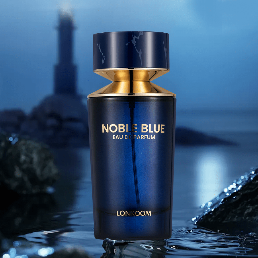 LONKOOM NOBLE BLUE Men's Eau de Parfum - Long-Lasting 4-6 Hour Fragrance, Luxurious Navy Blue & Golden Bottle, Oriental Woody Scent with Citrus, Spices, Herbal Notes - Formaldehyde-Free, Ideal Gift for Him (100ml/3.4fl.oz), Date Night Cologne, Opulent Pe
