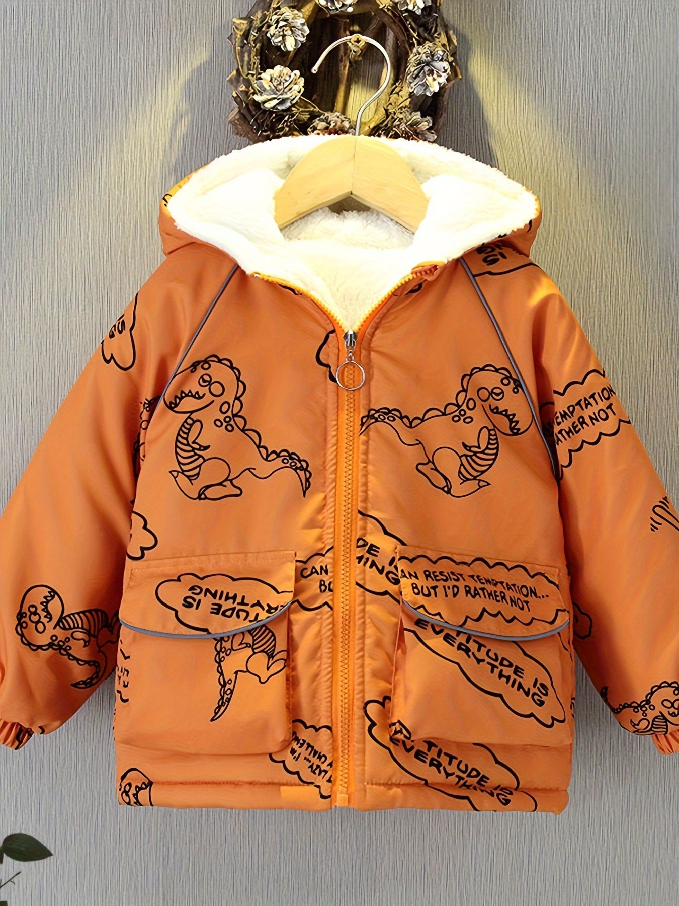 Boys Cartoon Dinosaur Full Print Fleece Lining Hooded Jacket, Long Sleeve Zip Up Warm Jacket, Boy's Clothes For Spring Fall Winter Outdoor