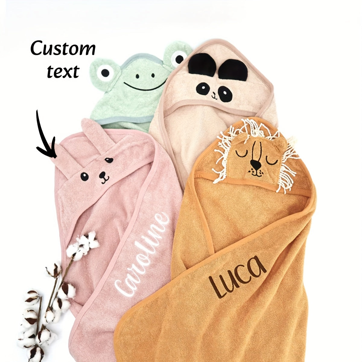 1pc Pure 100% Cotton custom embroidered hooded towel - A bath towel with excellent water absorption and quick drying properties, featuring cute cartoon patterns, foldable design, suitable for travel carry, and can also be used as a gift.
