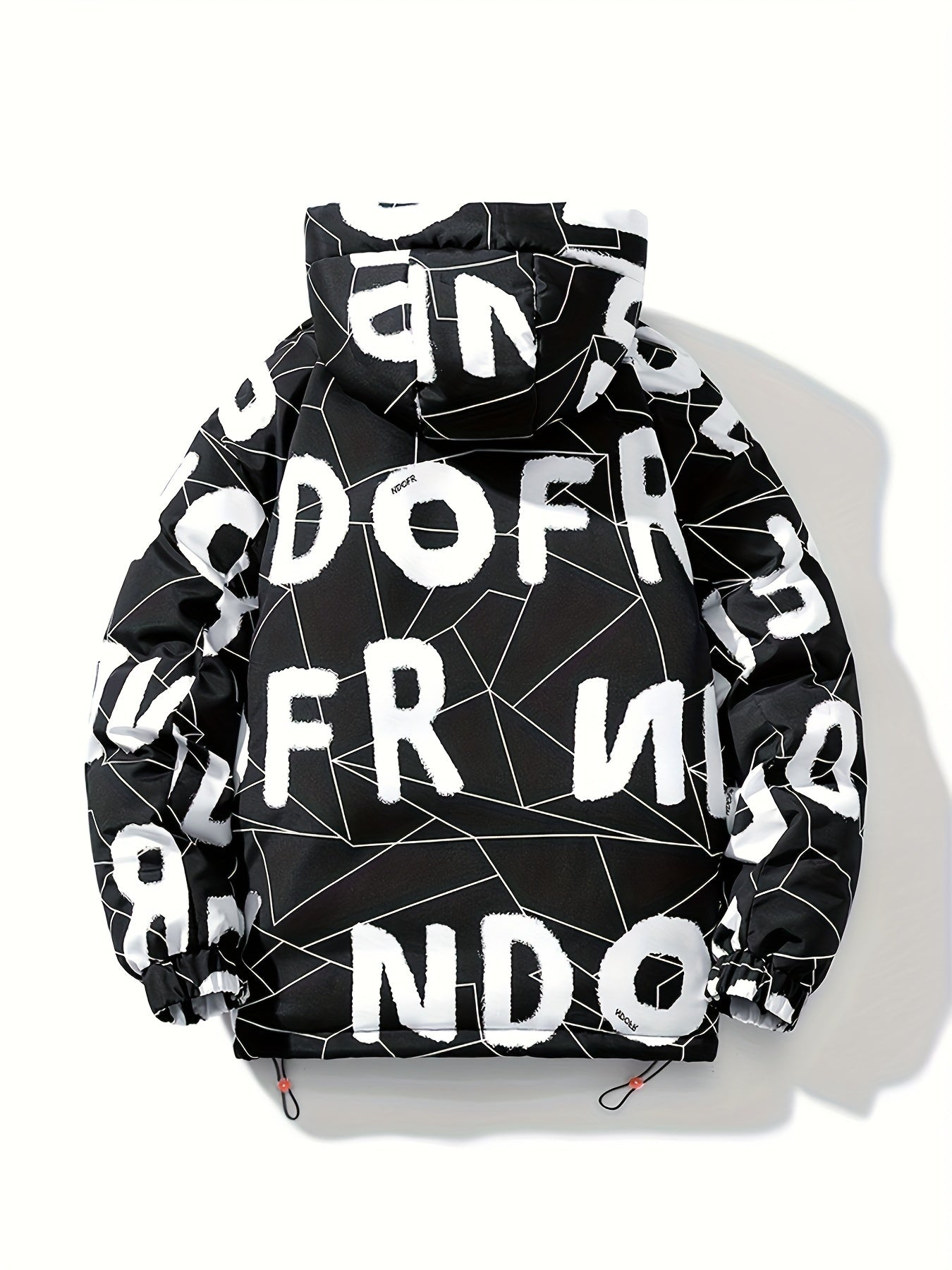 Men'S Heavyweight Hooded Jacket - Black with White Letter Pattern, Full-Zip Front Closure, Loose Fit Winter Coat for Cold Weather, Urban Streetwear Outerwear, Winter Jacket, Casual Outerwear, Durable Fabric, Long Sleeve Coat, Streetwear Lovers