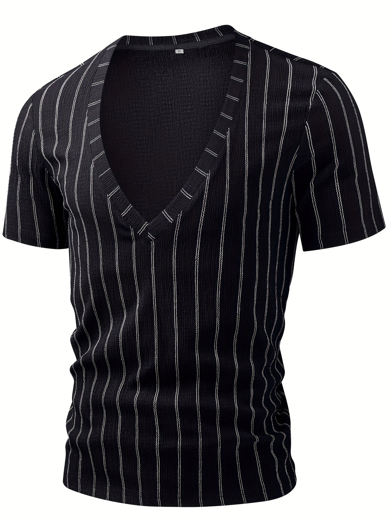 Men'S Textured V-Neck Short Sleeve Athletic Shirt - Soft, Stretchy, Casual Striped Design with Reinforced Stripes, Comfortable for Summer Outdoor Activitie