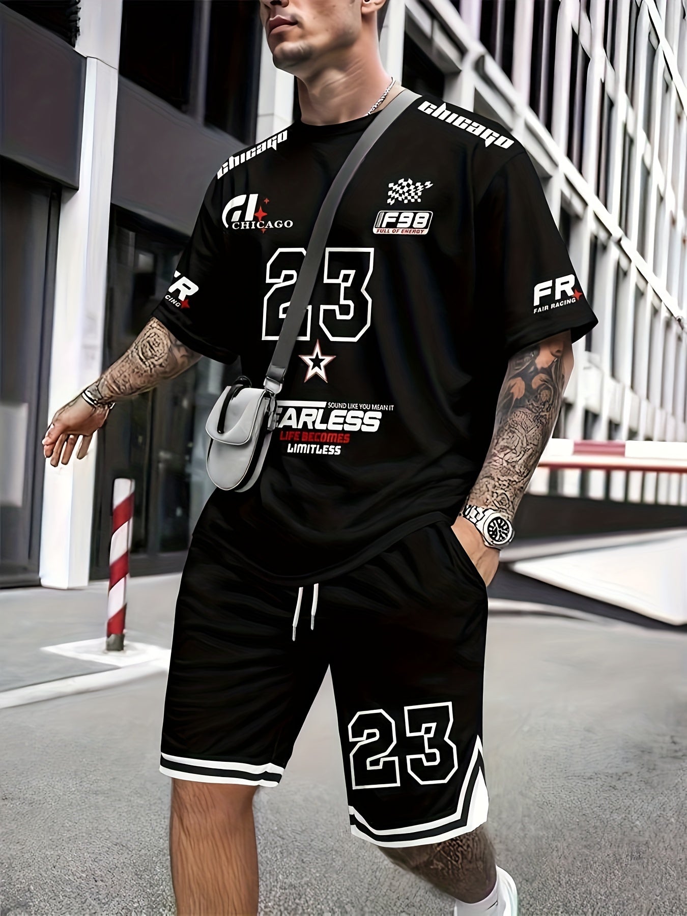 Men'S Casual Outfit Featuring a Chicago Letter And Number Print, a Stylish Streetwear T-Shirt, And Sporty Shorts Set. Made from Breathable And Comfortable Fabric, It'S The Perfect Gift for Family.