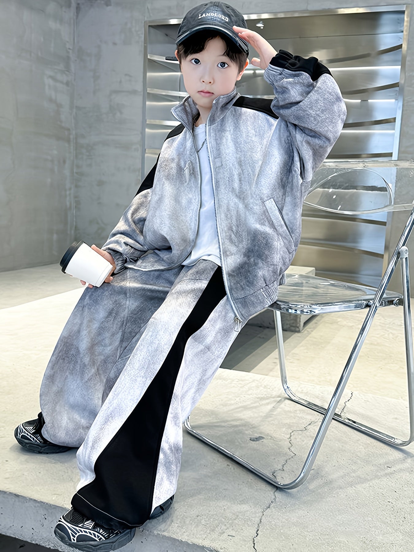 Boys' Casual Sportswear Set - Long Sleeve Hoodie & Joggers, Gray & Black Two-Tone Design, Non-Stretch Fabric, Perfect for Outdoor Activities, Spring/Fall Collection, Perfect for Outdoor