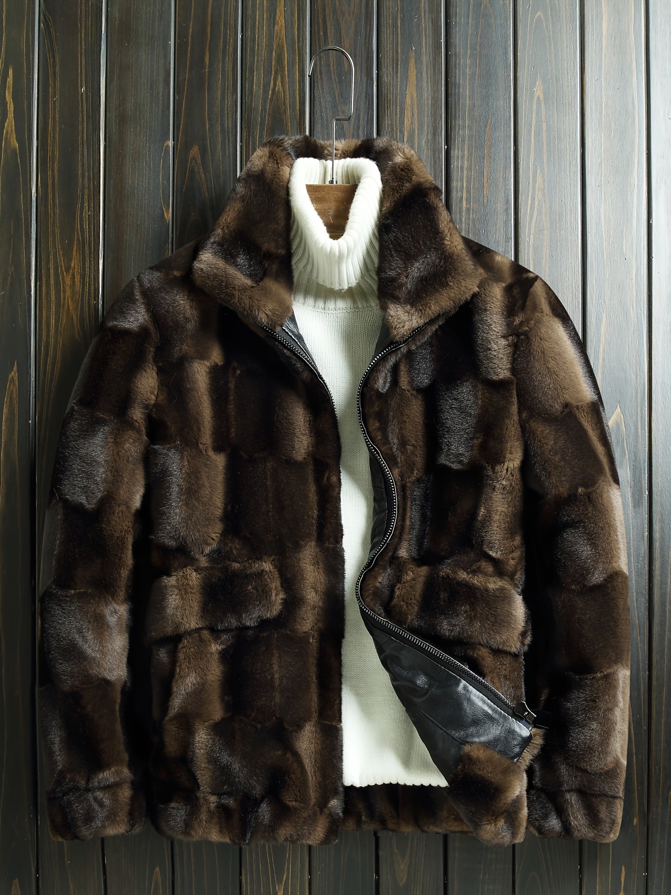 Men'S Faux Fur Plaid Long Sleeve Stand Collar Zipper Closure Polyester Lining Daily Casual Wear Outerwear Jacket for Fall/Winter