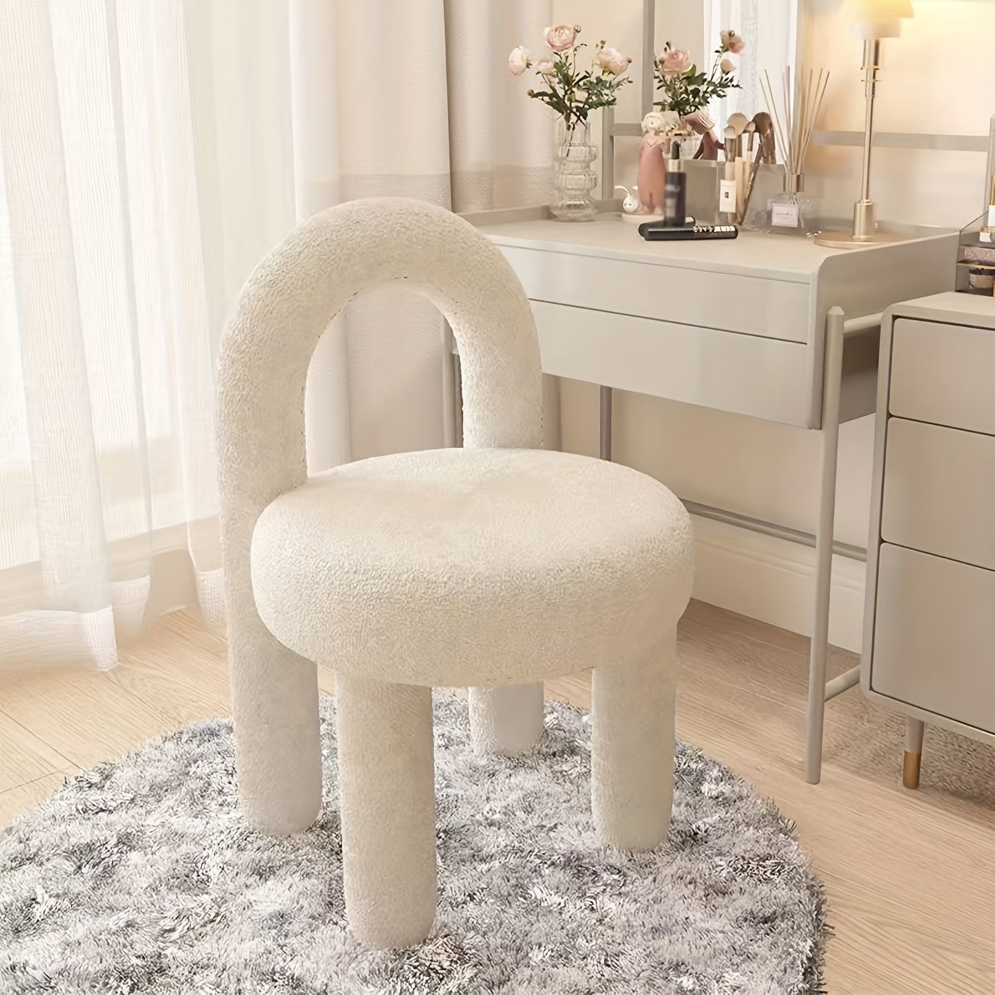 Creamy Vanity Stool - Elegant Makeup Chair with Soft Cushioned Seat, No Assembly Needed, Sturdy Wooden Legs - Non-Slip Beauty Station for Bedroom, Living Room, Dining Room - Decorative Footrest or Seat - Easy-Clean Home Decor Furniture, Bedroom Seating,