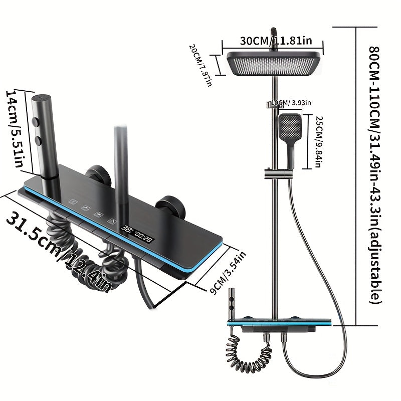 Modern Gun Gray LED Light Shower Set with Handheld Spray, Wall-Mounted Shower Device, Cold and Hot Water Mixer, 30.48 cm Shower Head, Full Set of Shower Head
