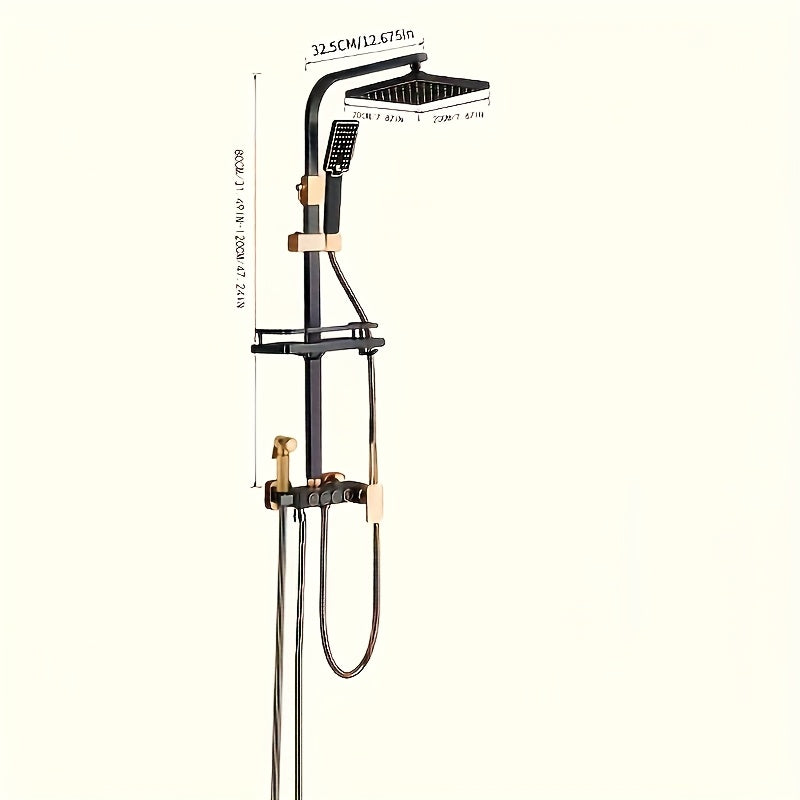 1 Set Luxury Black Golden Shower System with 20.32cm Rainfall Shower Head & Handheld Spray, 4-in-1 Shower Set with Thermostatic Mixing Valve, Wall-Mounted Bath/Shower Fixture, Brass Valve & Black/Golden Finish - Easy Installation, No Electrical Required,