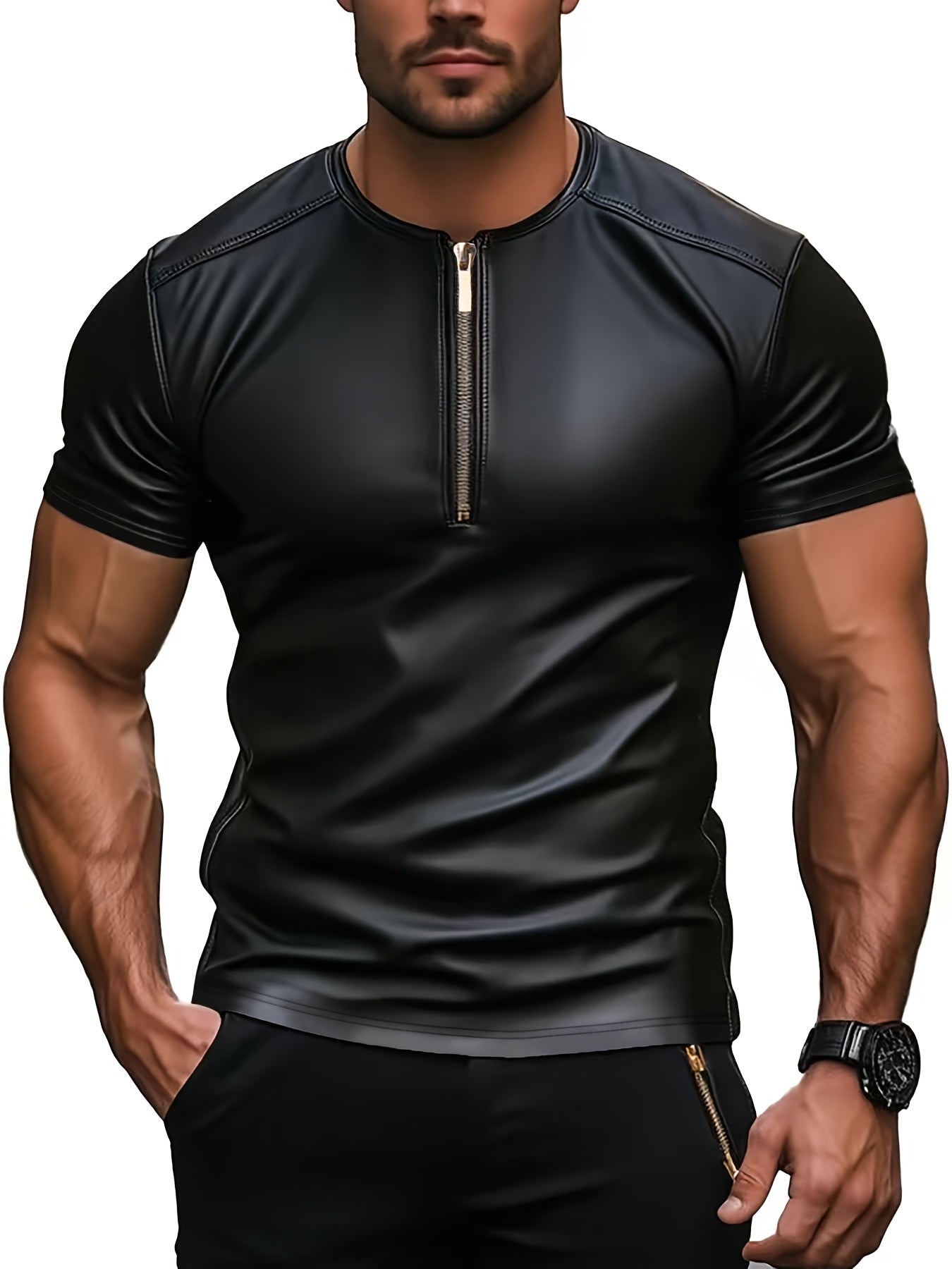 Men'S Stylish Black Henley Shirt - Casual Summer Short Sleeve with Zipper Detail, Stretch Knit Fabric, Regular Fit Henley Neckline, Smooth Fabric for Casual Attire