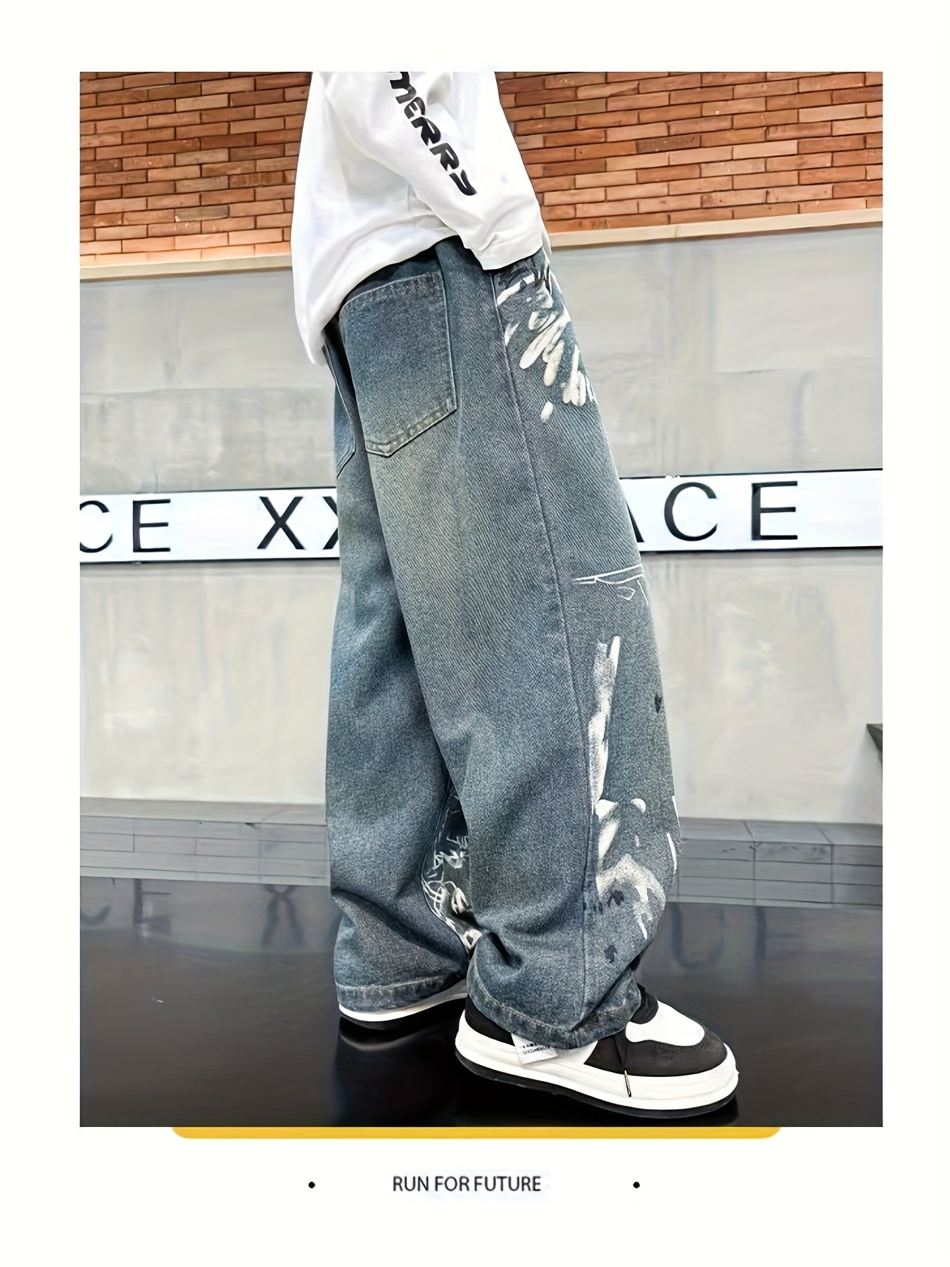 Y2K Boys' Vintage Washed Graffiti Faux Denim - Trendy and Versatile Distressed Wide-Leg Faux Denim Pants for Autumn/Winter, Elastic High-Waist Straight-Leg Casual Trousers with Unique Design
