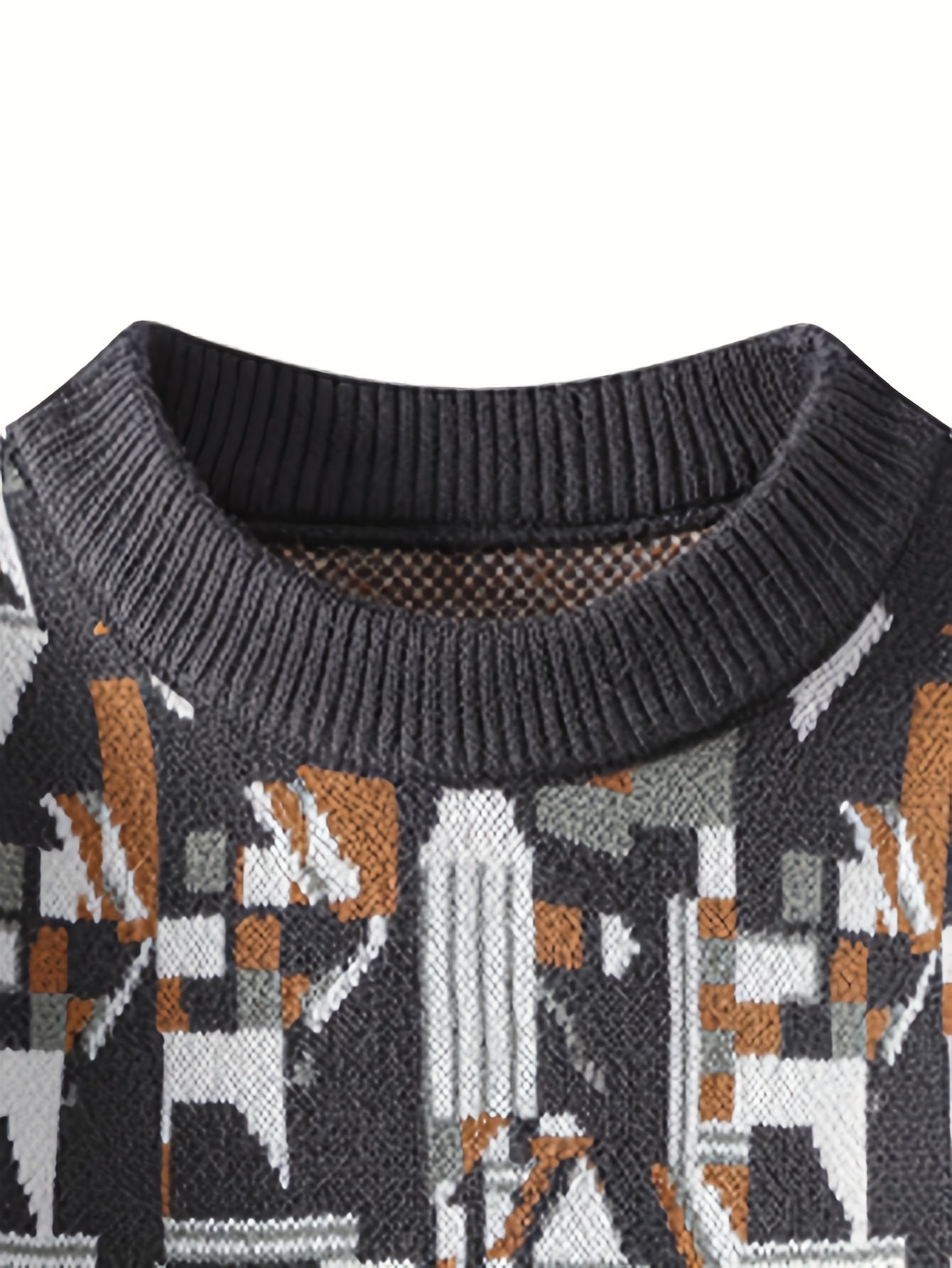 Men'S Cozy Geometric Cable Knit Sweater - Warm Crew Neck Pullover with Brown, White & Black Patterns, Long Sleeves, Perfect for Fall & Winter, Winter Clothing | Cable Knit Sweater | Knit Construction, Sweater Vest