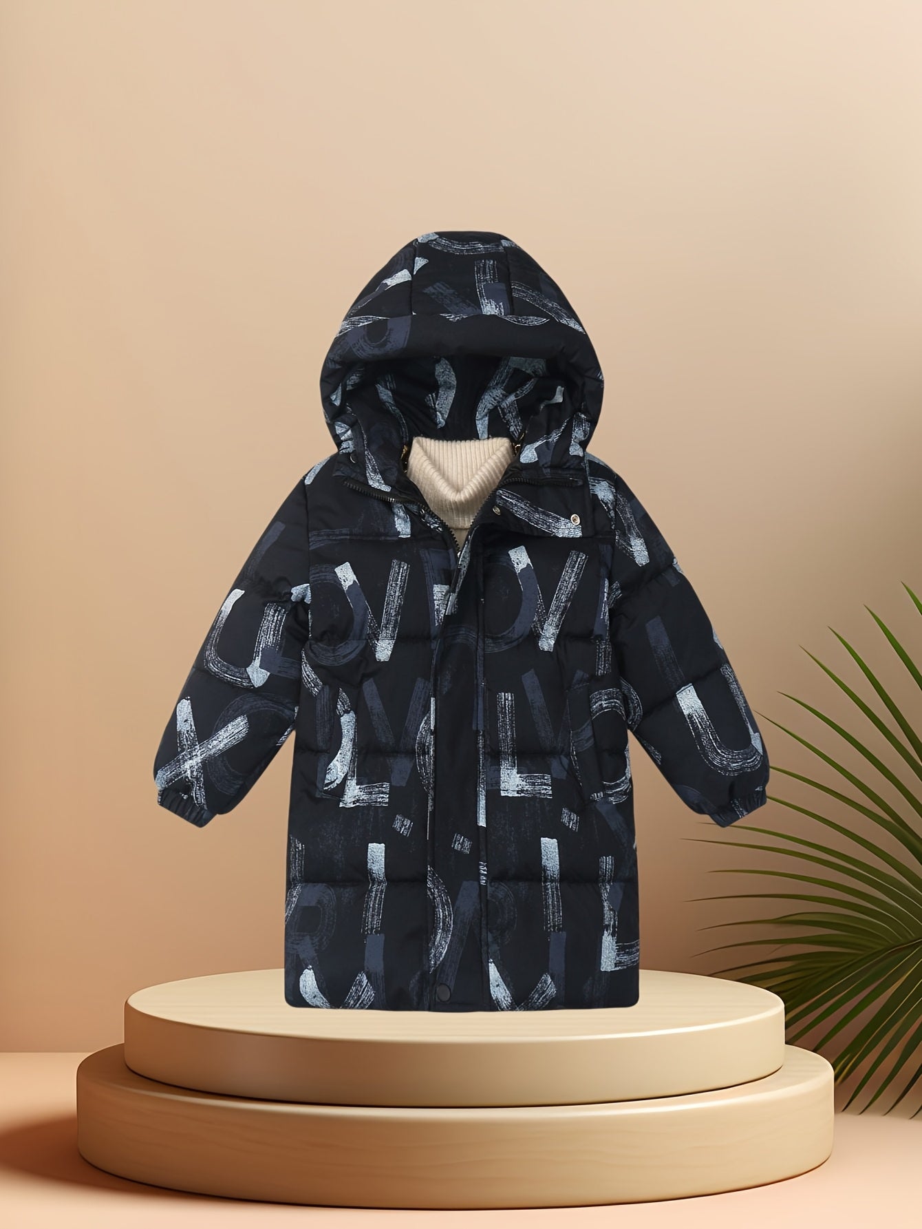 Boys' Winter Hooded Jacket with Letter Print - Mid-Length Warm Coat, Polyester-Filled, Regular Fit, Black & White Design, Perfect for Cold Weather, Winter Coat for Boys, Casual Outerwear, Durable Outerwear