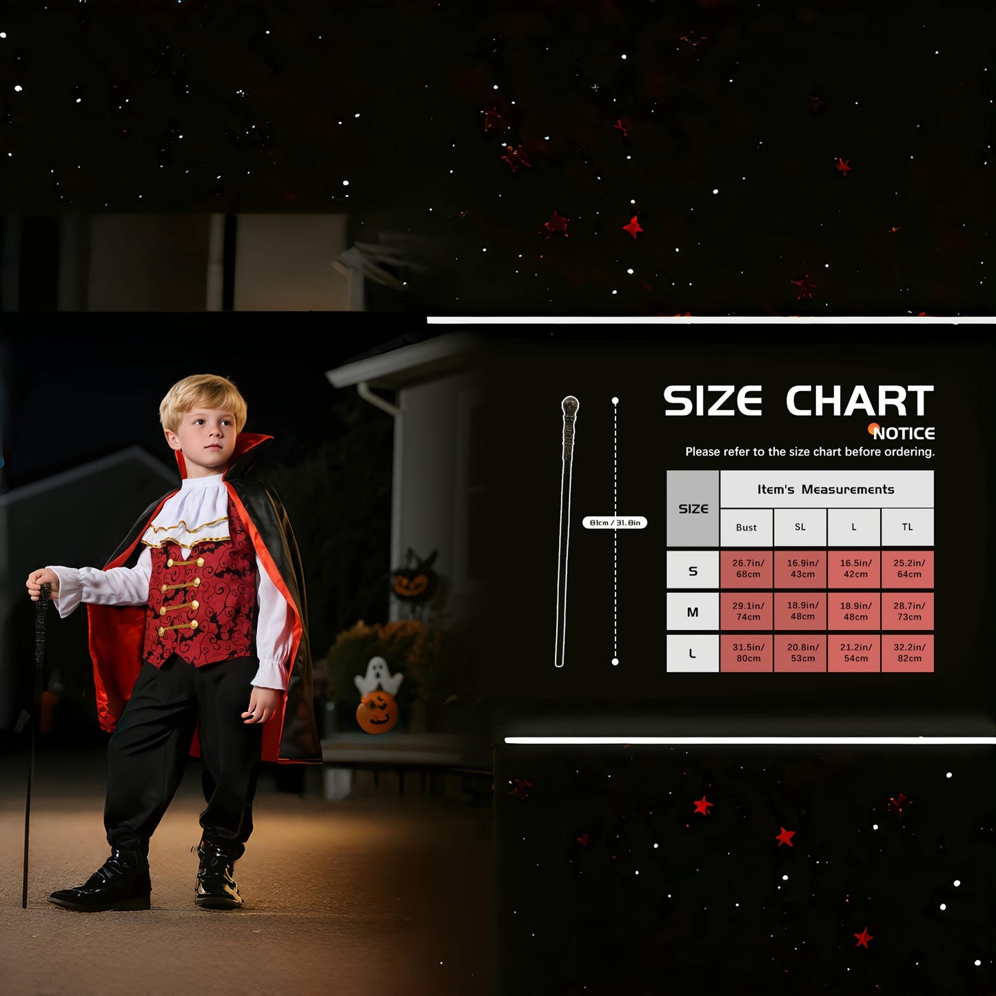 1 Set of Vampire Costume for Kids, Including Scepter + Halloween Party Dress, Retro Earl Style + Festival Cosplay, Gift-Worthy + Role-Playing Outfit, Black And Red Color Scheme, Holiday Performance Attire.