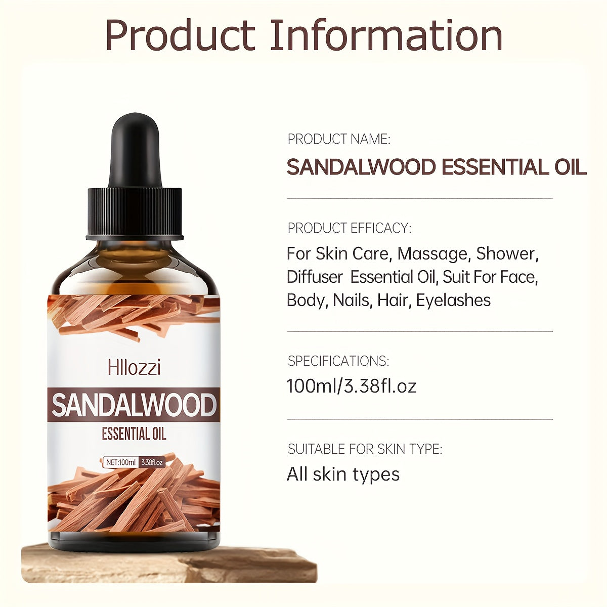 100ml/3.38fl.oz Sandalwood Essential Oil is a moisturizing diffuser oil, suitable for skincare, massage, and bath use. Perfectly designed to diffuse on your face, body, nails, hair, and eyelashes, making it an ideal gift!