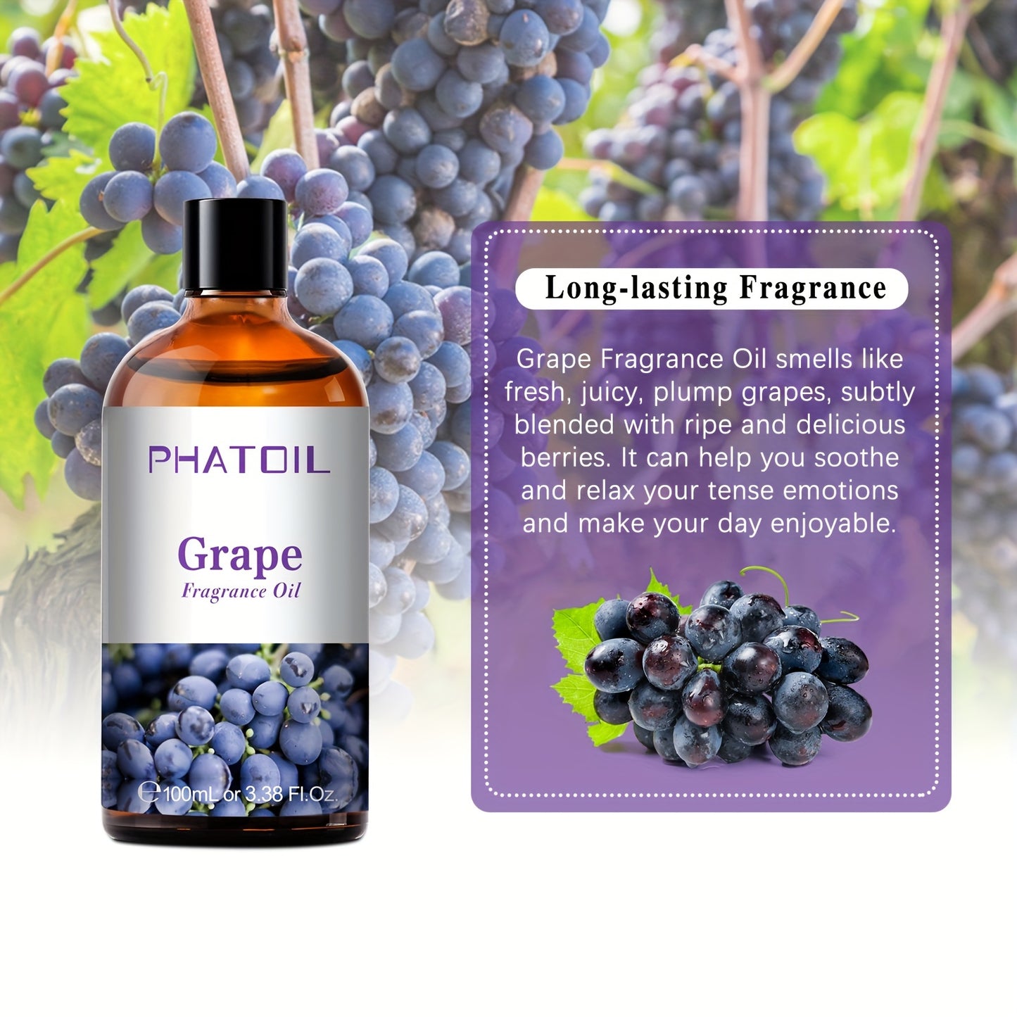 PHATOIL Grape Essential Oil - Alcohol-Free, for Diffuser, Humidifier, DIY Skincare, Spa, Massage - with Dropper Cap - Suitable for Sensitive Light Beige, All Light Beige Types - 3.38fl.oz (100ml) - Luxury Fragrance Oil, Grape Essential Oil, Skincare Rout