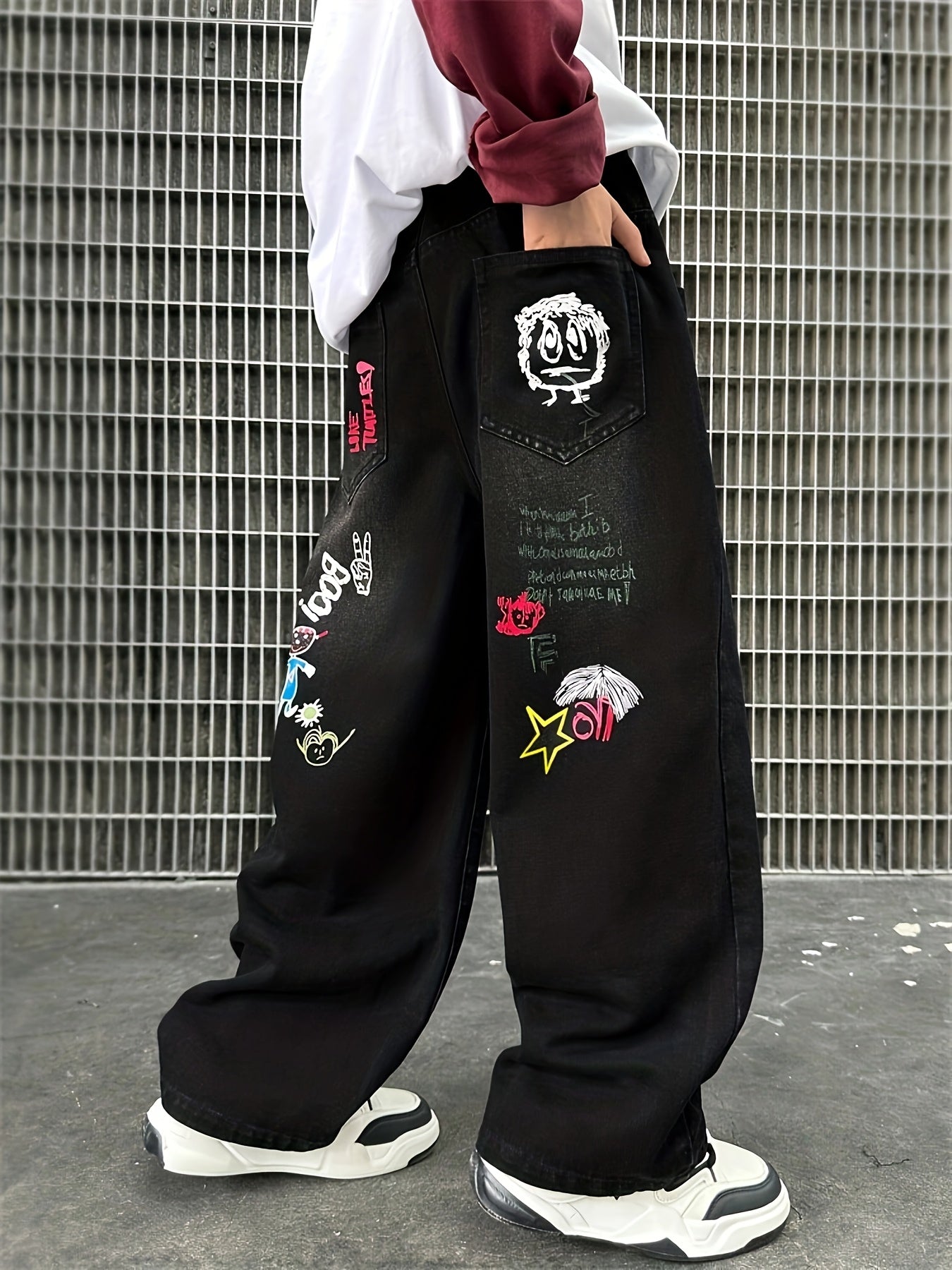 Y2K style cartoon print boys spring and autumn fashionable casual loose outdoor sports straight jeans male students spring and summer campus trend outing riding dance jeans