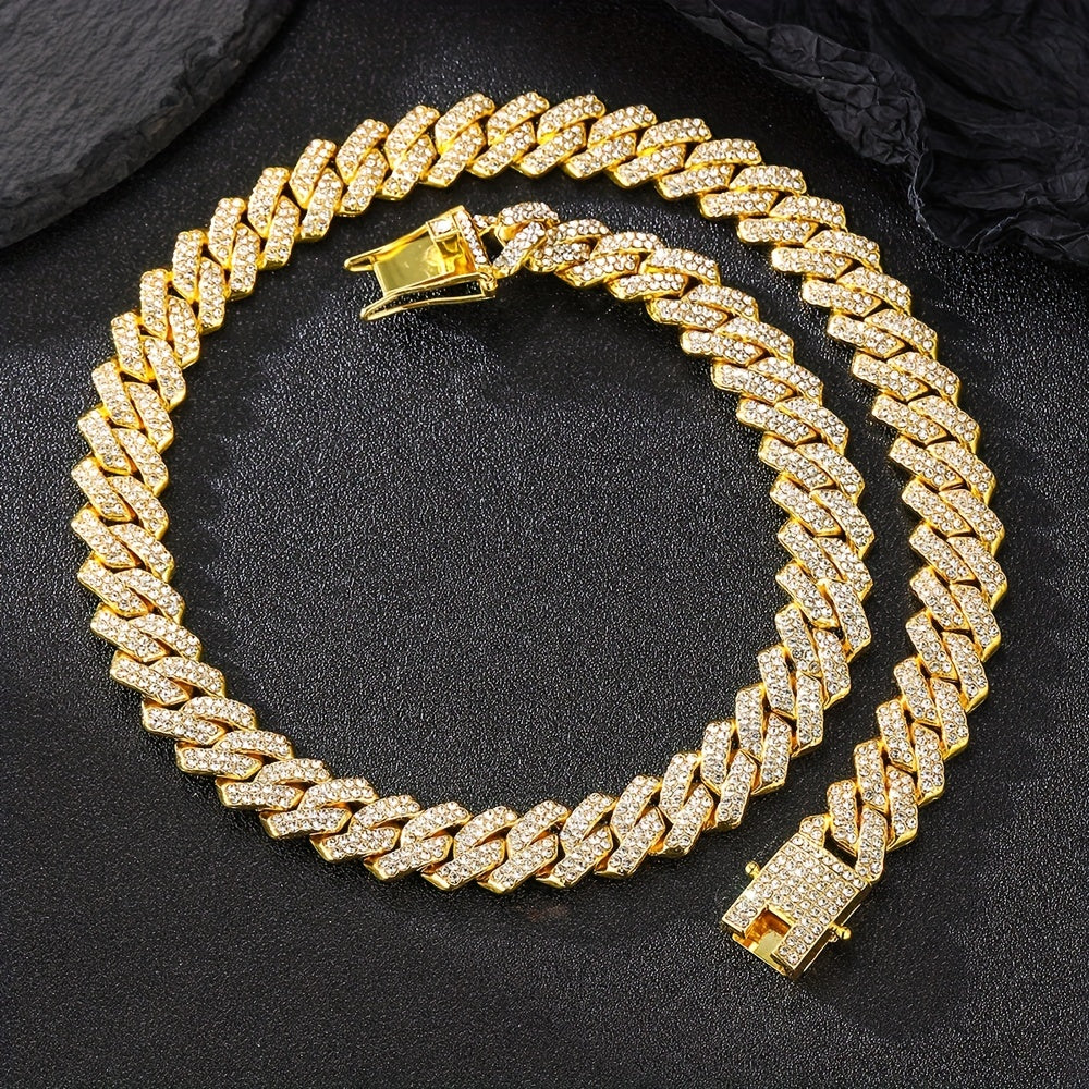 1pc 13.5MM Solid Iced Out Link Chain Necklace - Stylish Hip Hop Rapper Fashion Jewelry for Men - Durable, Hypoallergenic, and Nickel-Free