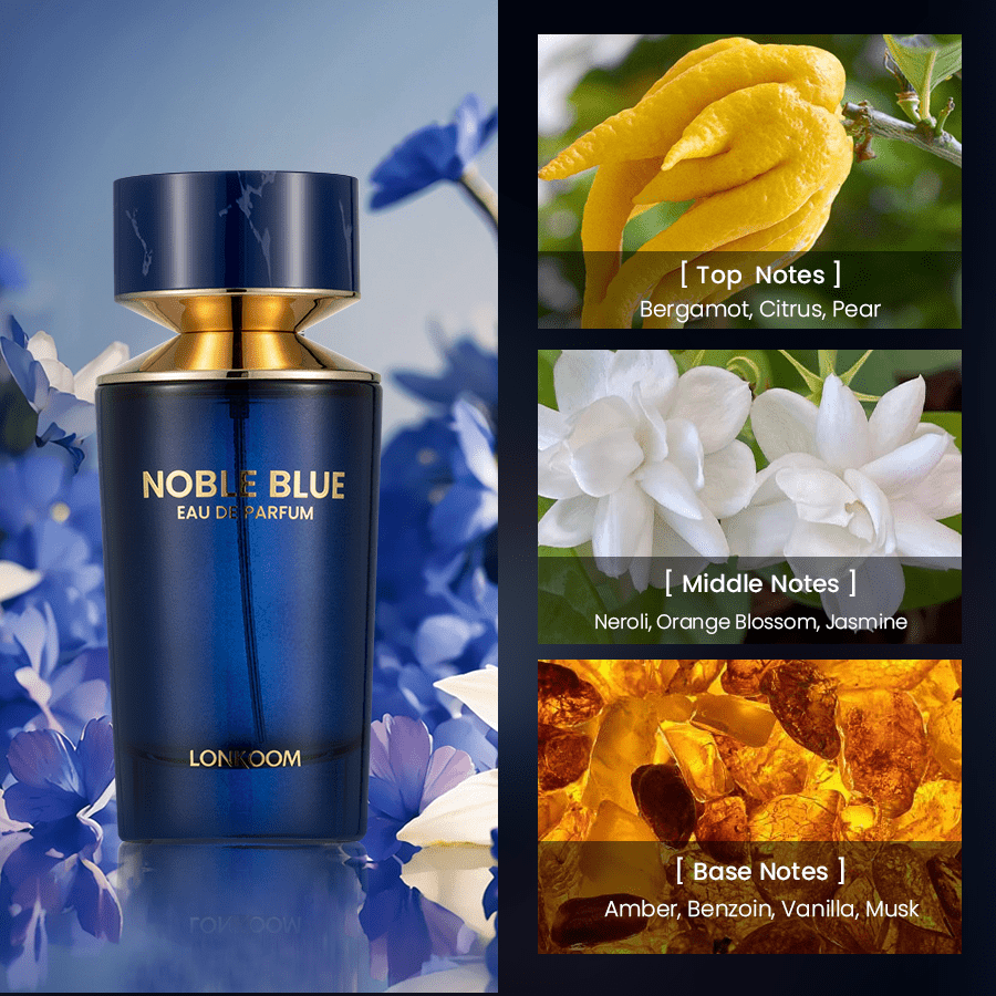 LONKOOM NOBLE BLUE Men's Eau de Parfum - Long-Lasting 4-6 Hour Fragrance, Luxurious Navy Blue & Golden Bottle, Oriental Woody Scent with Citrus, Spices, Herbal Notes - Formaldehyde-Free, Ideal Gift for Him (100ml/3.4fl.oz), Date Night Cologne, Opulent Pe