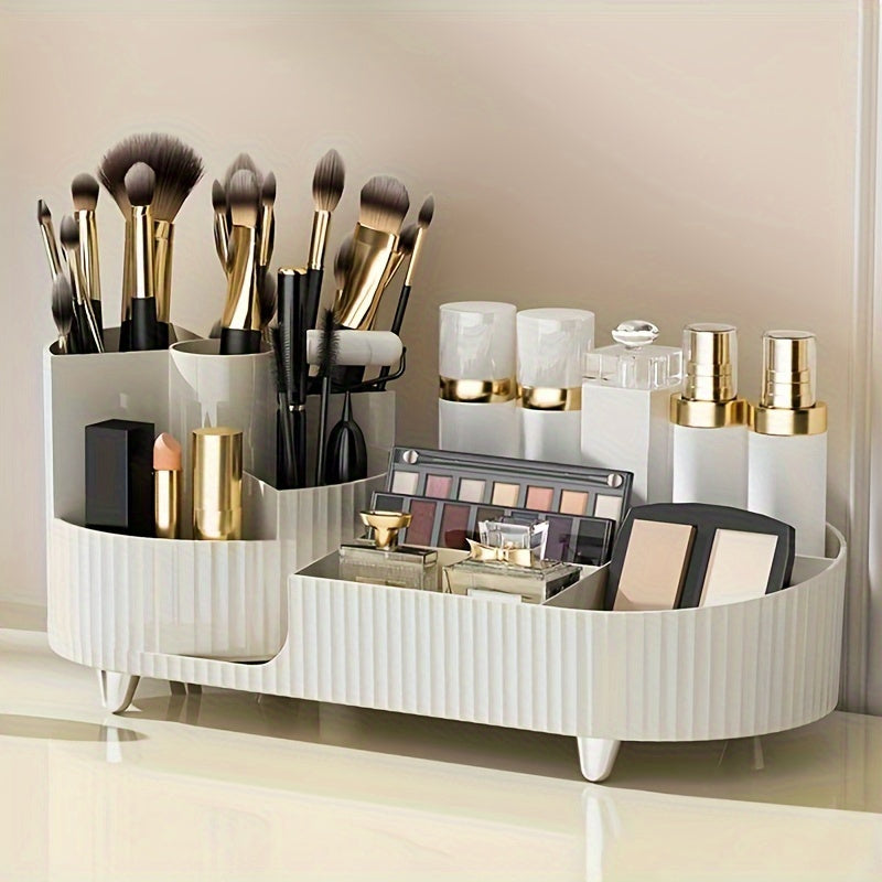 1 Fashion Rotating Makeup Storage Box, Large Cosmetic Organizer with Brush and Lipstick Cup, Foldable Plastic Desktop Organizer, Suitable for Bedroom Dressing Table, Bathroom, Living Room- Black and Cream White