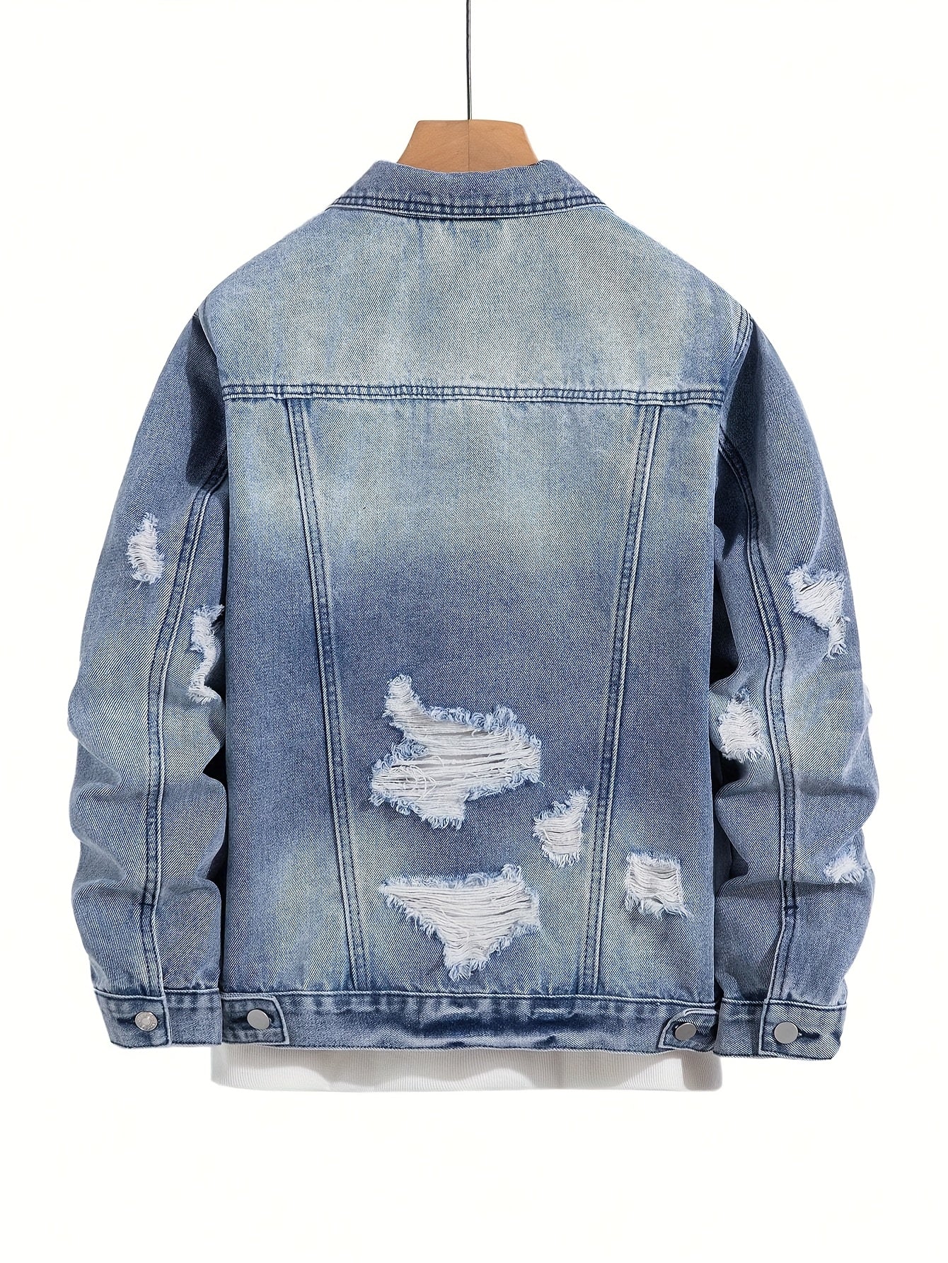 Men'S Streetwear Faux Denim Jacket with Distressed Details & Graphic Print - Washed Blue Faux Denim, Regular Fit Casual Outerwear for Spring/Fall, Daily Wear & Leisure Outings, Fall Fashion, Urban Style, Premium Stitching, Statement Piece, Young Adults