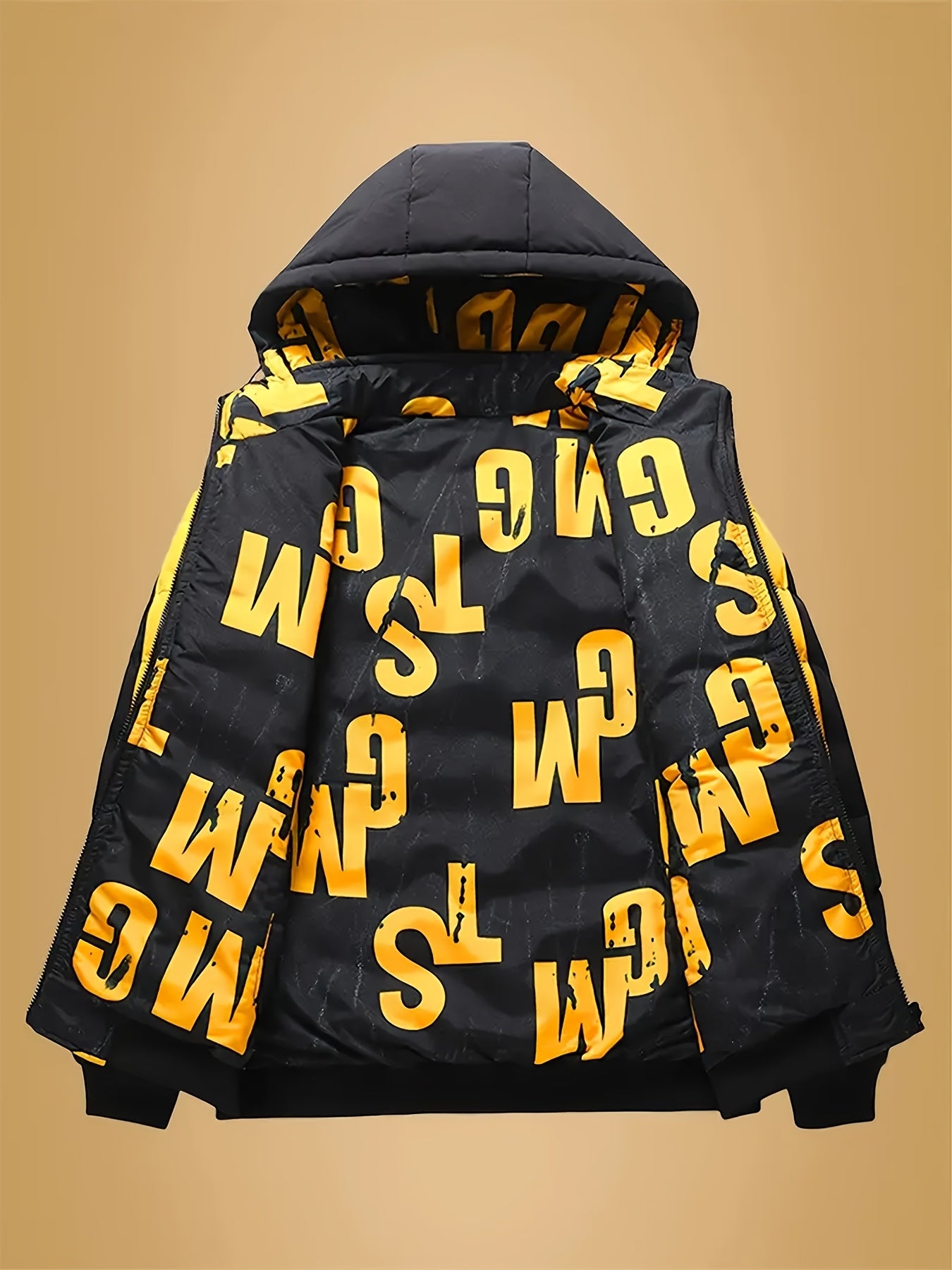 Reversible Men's Winter Jacket - Trendy Casual Hooded Outerwear with Full-Print Design, Zip-Up Front, and Side Pockets - 100% Polyester, Machine Washable - Perfect for Sports & Leisure