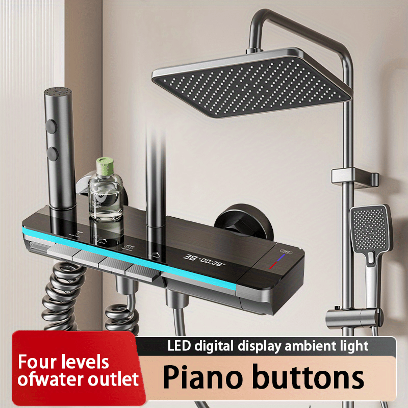 1 Set Shower System, LED Digital Temperature Display and Ambient Light Bathroom Shower, 4-Function Piano Key Wall-Mounted Shower Combo Set, 33.02cm Rainfall Shower Head, 3-Function Handheld Shower, Bathtub Waterfall Spray and Bidet Sprayer, Stainless Ste