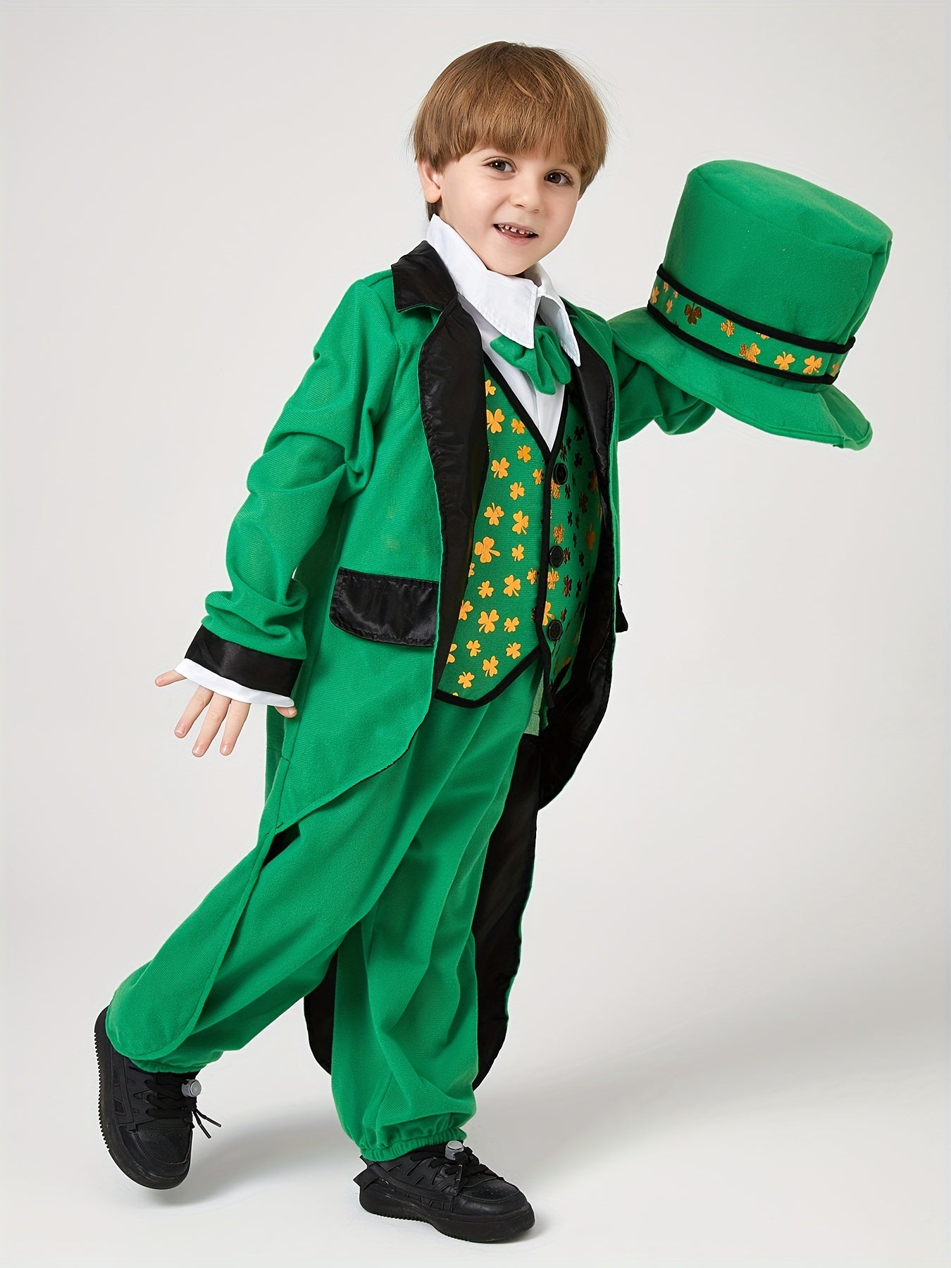 Boys' St. Patrick's Day Costume Set with Golden Clover Design - Includes Hat, Polyester Suit & Accessories for Festive Performances