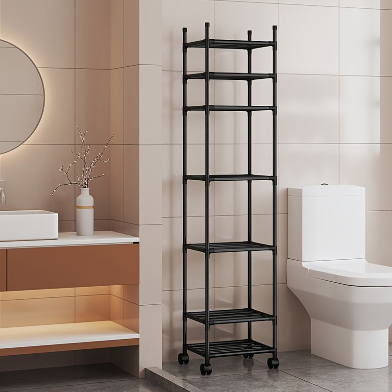 Adjustable Storage Shelf - Freestanding Heavy-Duty Iron Frame with Wheels, Multi-Tier Shelves for Bathroom, Laundry Room & Living Room Organization - Black Finish Space-Saving Utility Rack, Bathroom Organizers And Storage, Sleek Modern Look, Wheel Equipp