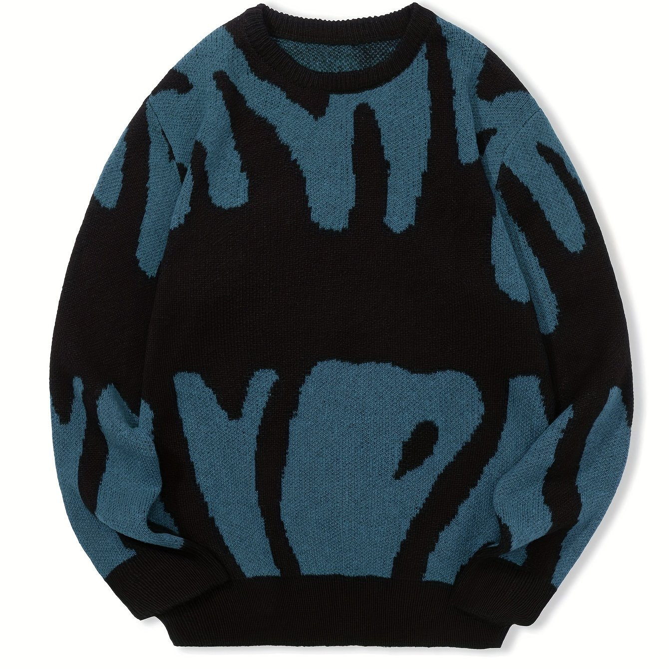 All Match Knitted Letter Print Sweater, Men's Casual Warm Slightly Stretch Crew Neck Pullover Sweater For Men Fall Winter, K-pop
