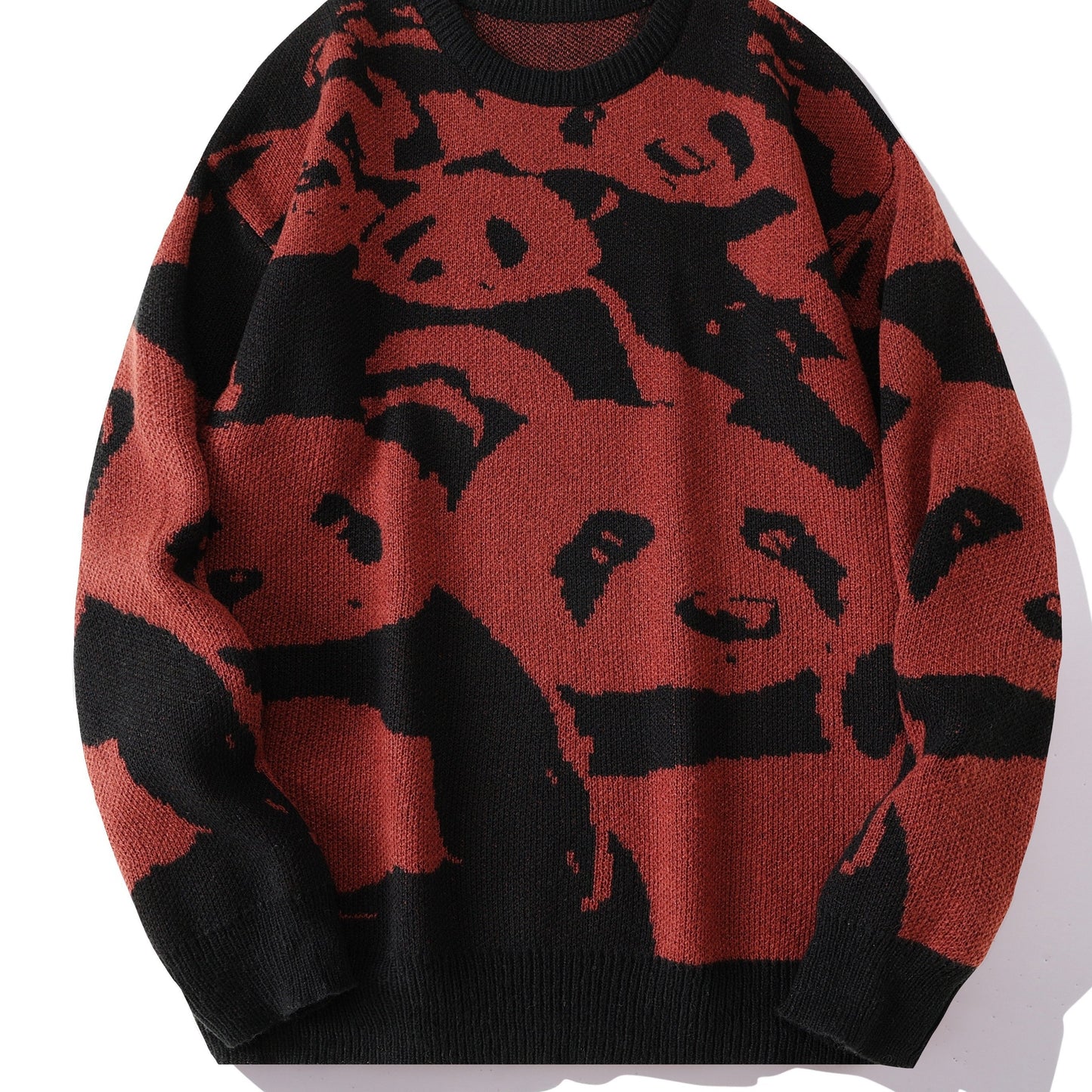 Cozy Panda Crew Neck Sweater - Novelty Cartoon Knit Pullover for Men - Warm, Slightly Stretchy, Casual Fall Winter Wear with Fun Panda Pattern