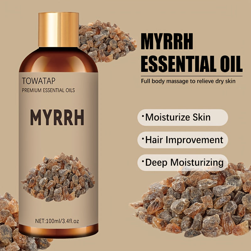 TOWATAP Premium Myrrh Essential Oil 100ml/3.4fl.oz - Alcohol-Free, Heat Protection for Light Beige & Hair, Ideal for Diffusers, Humidifiers, Candles, Massage - All Light Beige Types, Home & Hotel Use, Fragrance, Diffuser Oil, Sleek Bottle Design, Natural