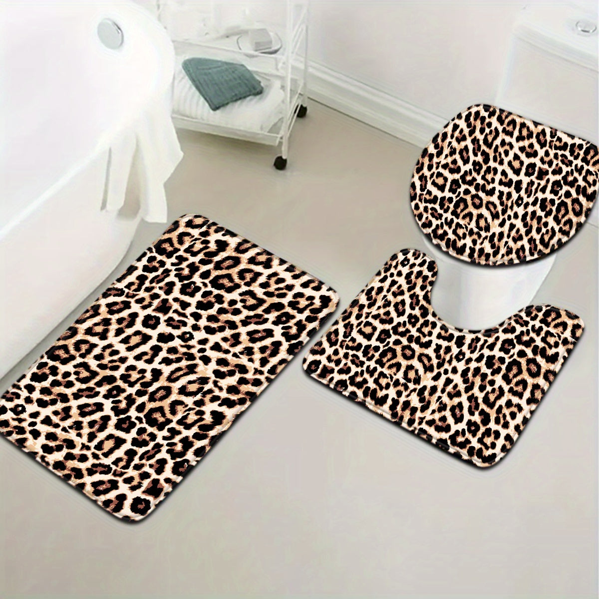 Leopard Print Bathroom Mat Set Toilet Seat Cover U-shaped Foot Pad