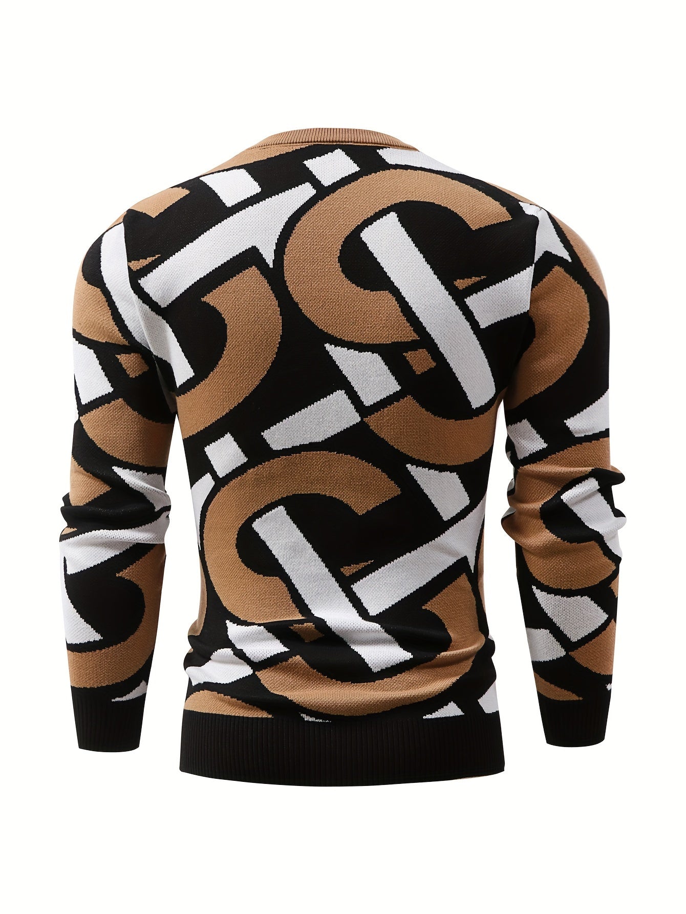 Iron Genghis OBM Men's Casual Long Sleeve Crewneck Sweatshirt - Striped Color-Block Knit Pullover with Ribbed Cuffs, 100% Polyester, High Elasticity, Autumn Winter Warmth, Black & Beige