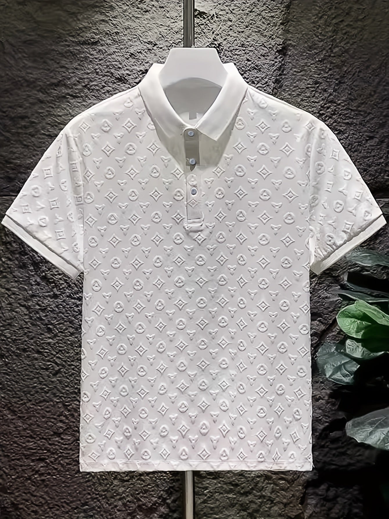 Men'S Summer Casual Shirt - Ice Sliky Fiber Fabric, Short Sleeve, Button-Up Collar, Geometric Pattern, Stretchy & Comfortable Fit, White with Black Accents, Perfect for Golf or Weekend Wear, Golf Shirt