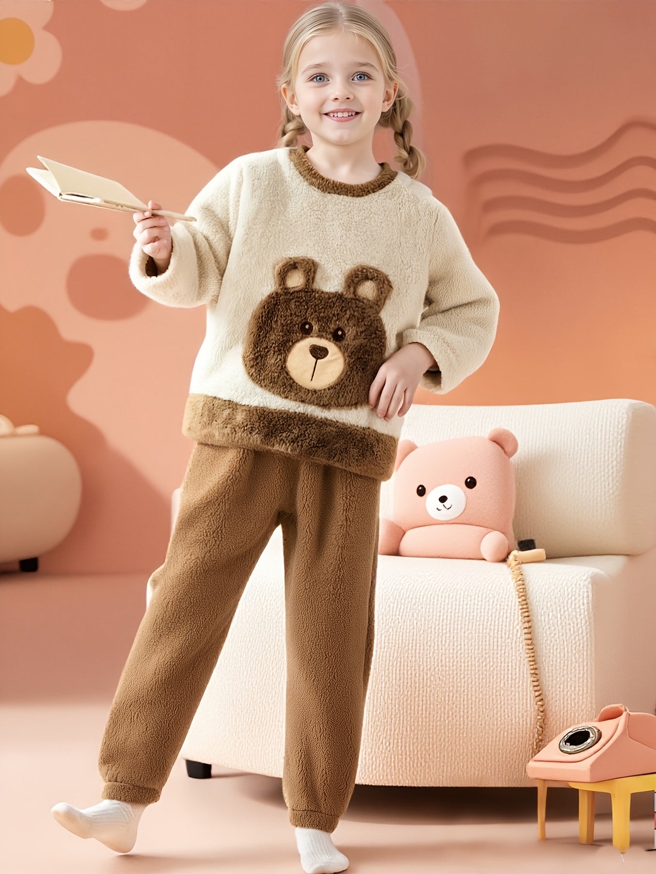 Kids' Flannel Long Sleeve and Pants Set, Korean Version Cute Bear for Boys & Girls with Fleece Lining Thickened Warm Outfit Gift - Birthday Present, Halloween, Christmas