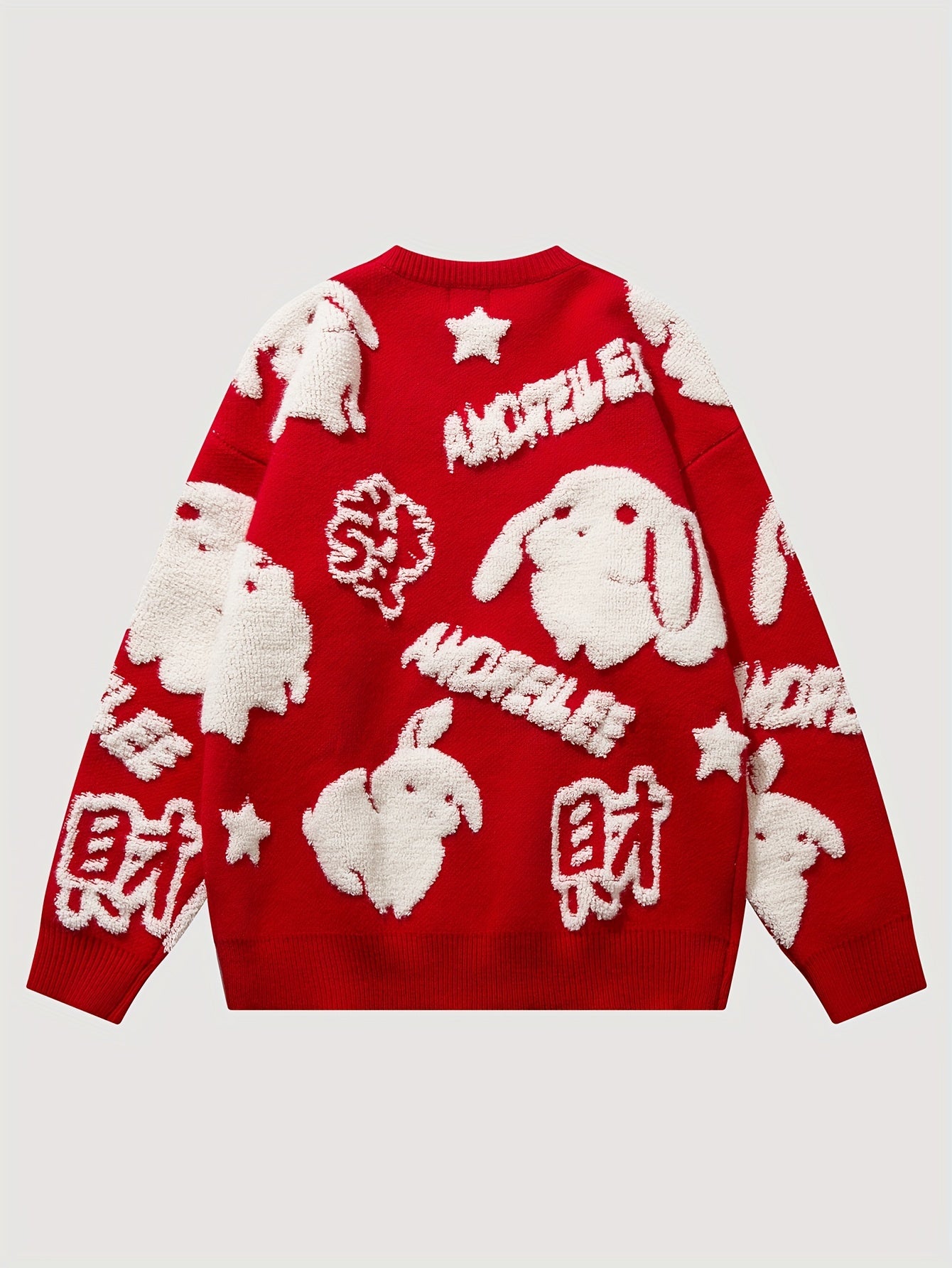 YWFG Cute Knitted Cute Rabbit & Wealth Chenille Embroidery Sweater, Men's Casual Warm Crew Neck Pullover Sweater For Men Fall Winter