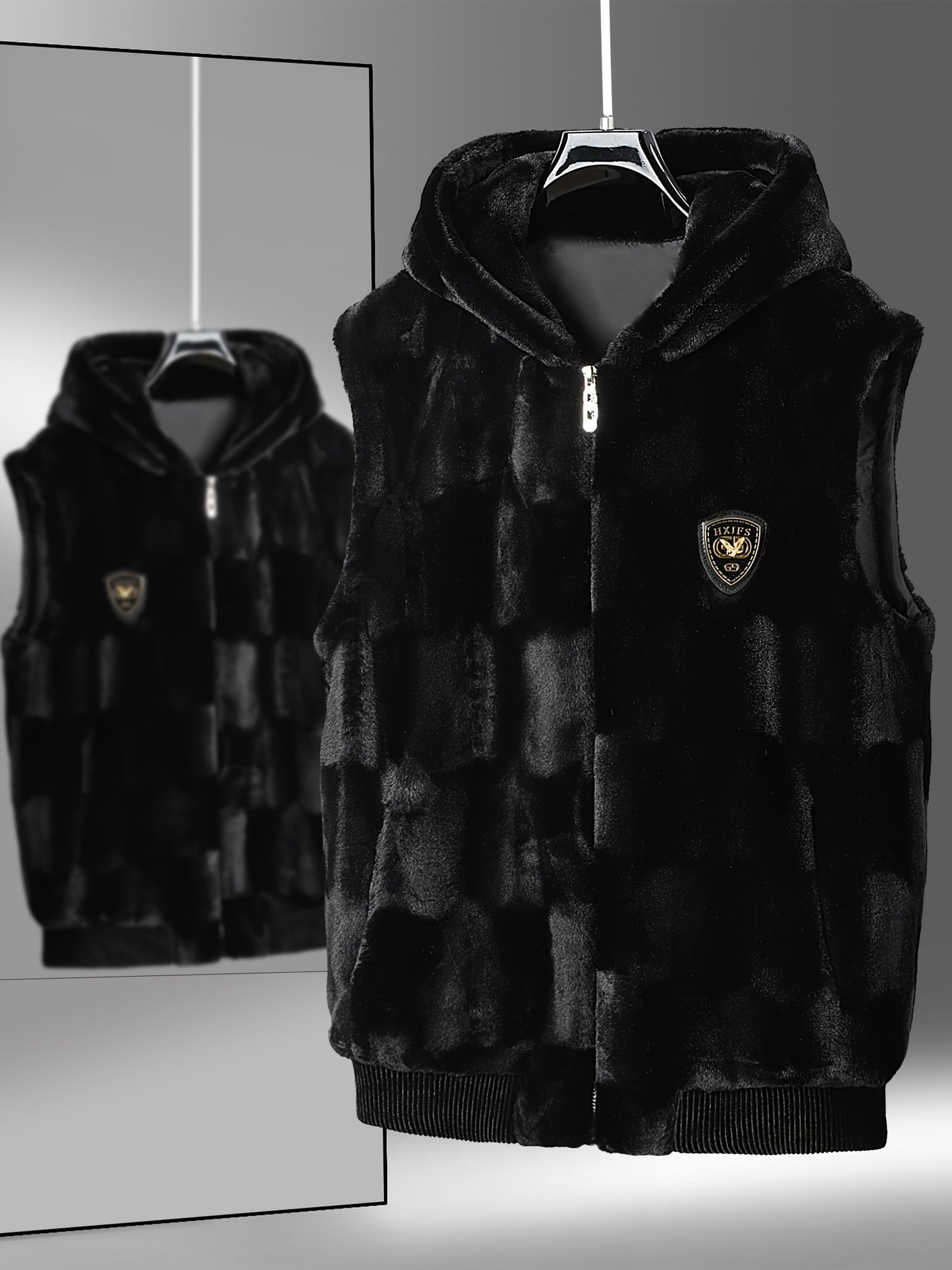Men's Winter Full-Zip Hooded Faux- Jacket - Black/White Collar & Golden-Tone Logo-Like Patches, Detachable Hood, Hand Washable Cold-Weather Coat for Casual & Formal Wear (No-Fill)