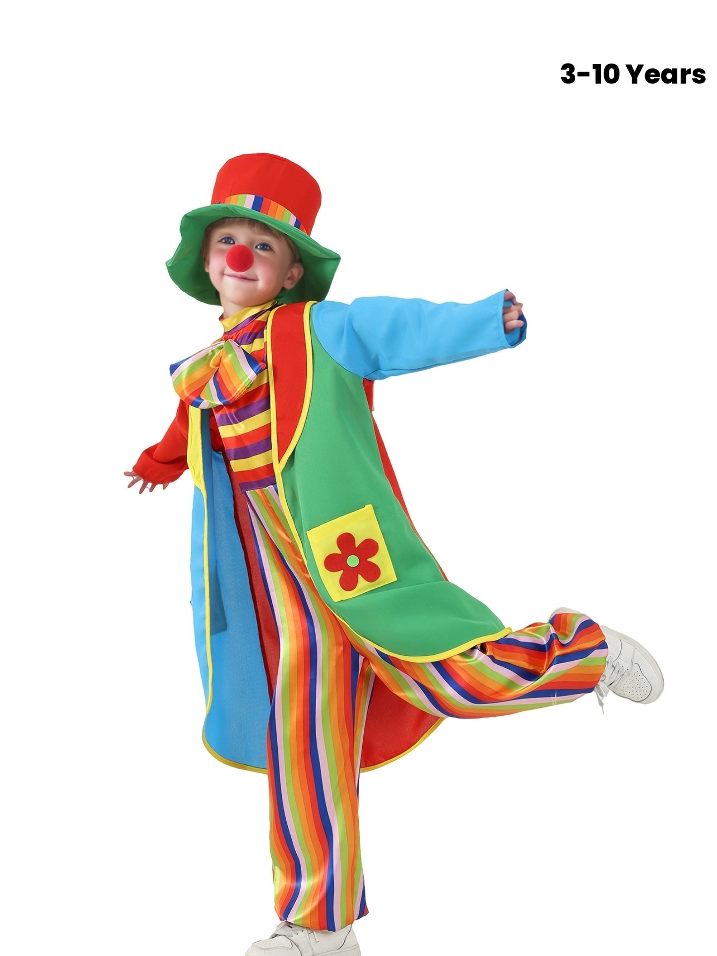4pcs & Clown Costume Set with Rainbow Striped Outfit, Flower Jacket, Red Nose & Hat - Circus Party Costume for Kids, Birthday, Carnival, Clown Role Play & Performances, Twins Halloween Costume, Trick Or Treat Costume, The Clown Costume, Pink Clown Costum