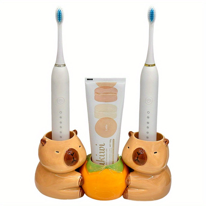 Cute Capybara Toothbrush Holder - Ceramic, No Electricity Needed, Freestanding Bathroom Storage Rack for Toothbrushes & Toothpaste, High-End Design with Orange Pumpkin Base, Bathroom Storage|Playful Design|Stylish Bathroom Accessory, Toothbrush Holder