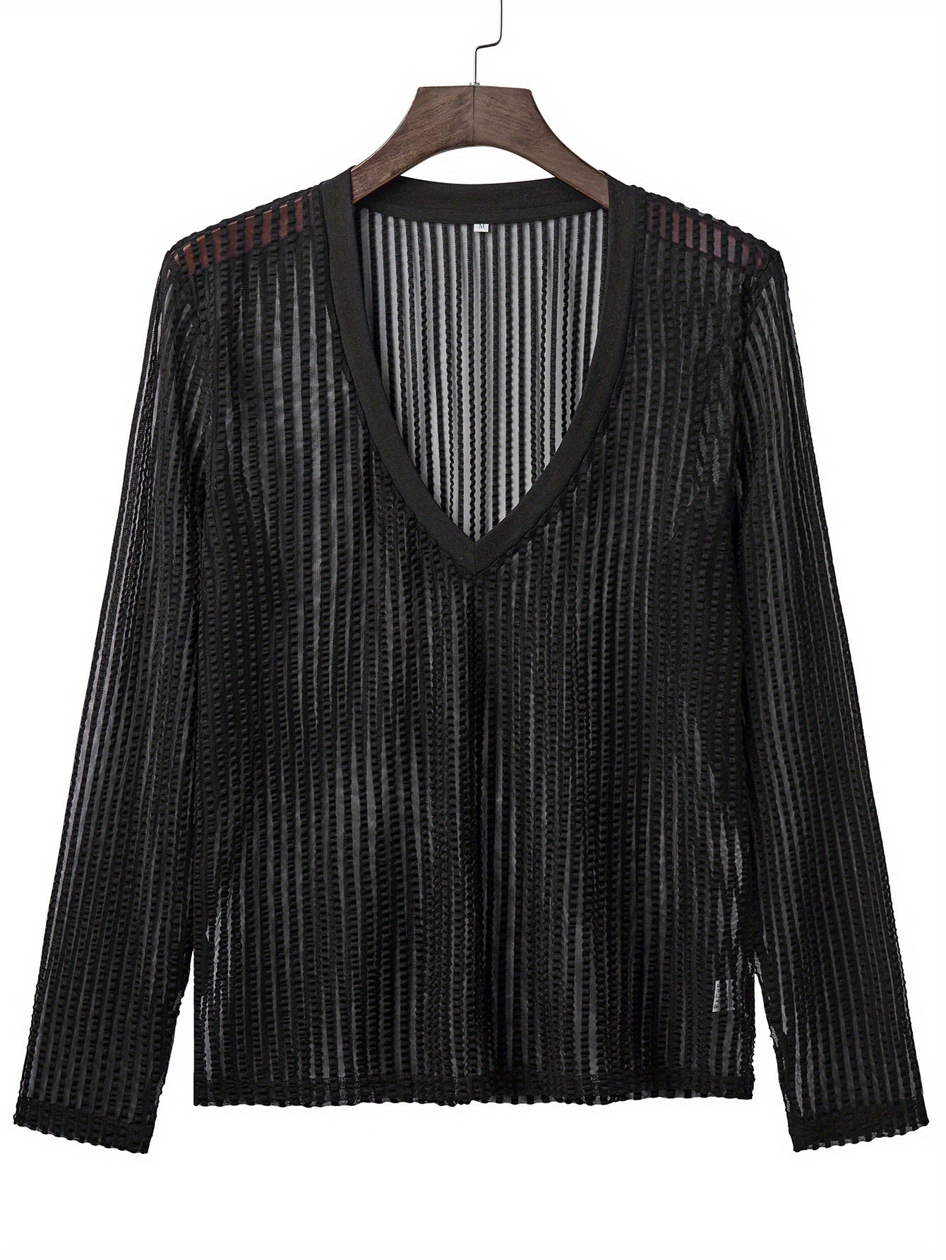 Men's Slim Fit Textured V-Neck Long-Sleeve Semi-Sheer Mesh Stretch Soft Breathable Perforated Trendy Sports Outdoor Sexy-Looking Tee